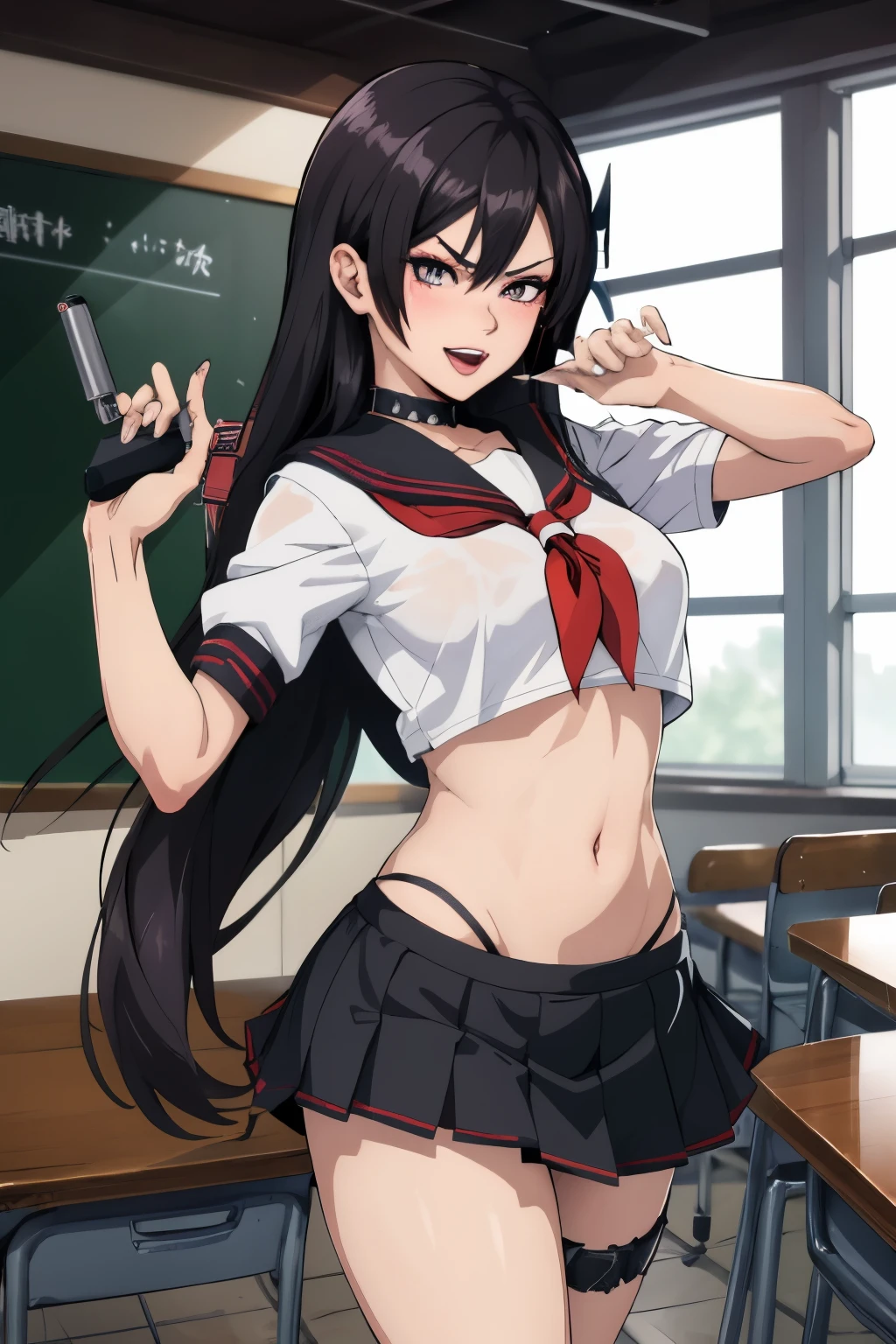 kokoro, 1girl, long hair, mature female, makeup, eyelashes, blush, lipstick, Hot girl, baddie, staring, glaring, bad attitude, mean girl, dare, angry, hate, crazy, smoking, sensual, attractive, masterpiece, best quality, highly detailed, a anime girls in sailor uniforms with a gun posing for a picture,
evil smile, smile, open mouth,black_serafuku, ecchi anime style, anime girls , (nsfw) not safe for work,
ecchi style, ecchi, shipgirls, digital anime art!!, high school girls, holding a gun, hold a gun, anime style 4
k, micro skirt, exposed belly, exposed navel, exposed midriff,
exposed lower belly,school, classroom,