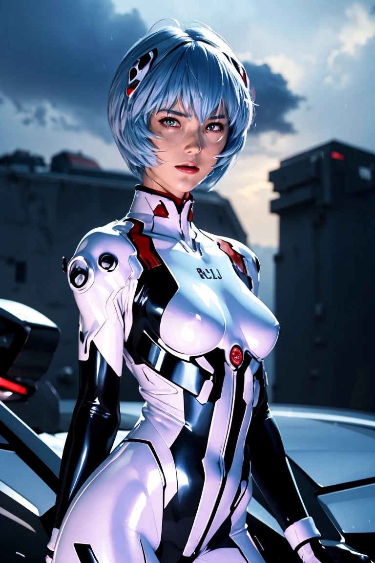 Evangelion,Rei Ayanami,Silver Blue Hair,Red eyes,Red Eyes,Plug Suit,Bodysuits,Interface Headset,白いBodysuits,Ultra HD,super high quality,masterpiece,Digital SLR,Photorealistic,Detailed details,Vivid details,Depicted in detail,A detailed face,Detailed details,Super Detail,Realistic skin texture,Anatomical basis,Perfect Anatomy,Anatomically correct hand,Anatomically correct fingers,Complex 3D rendering,Sexy pose,Rainy Sky,Beautiful scenery,Fantastic rainy sky,Picturesque,Pink Lips,