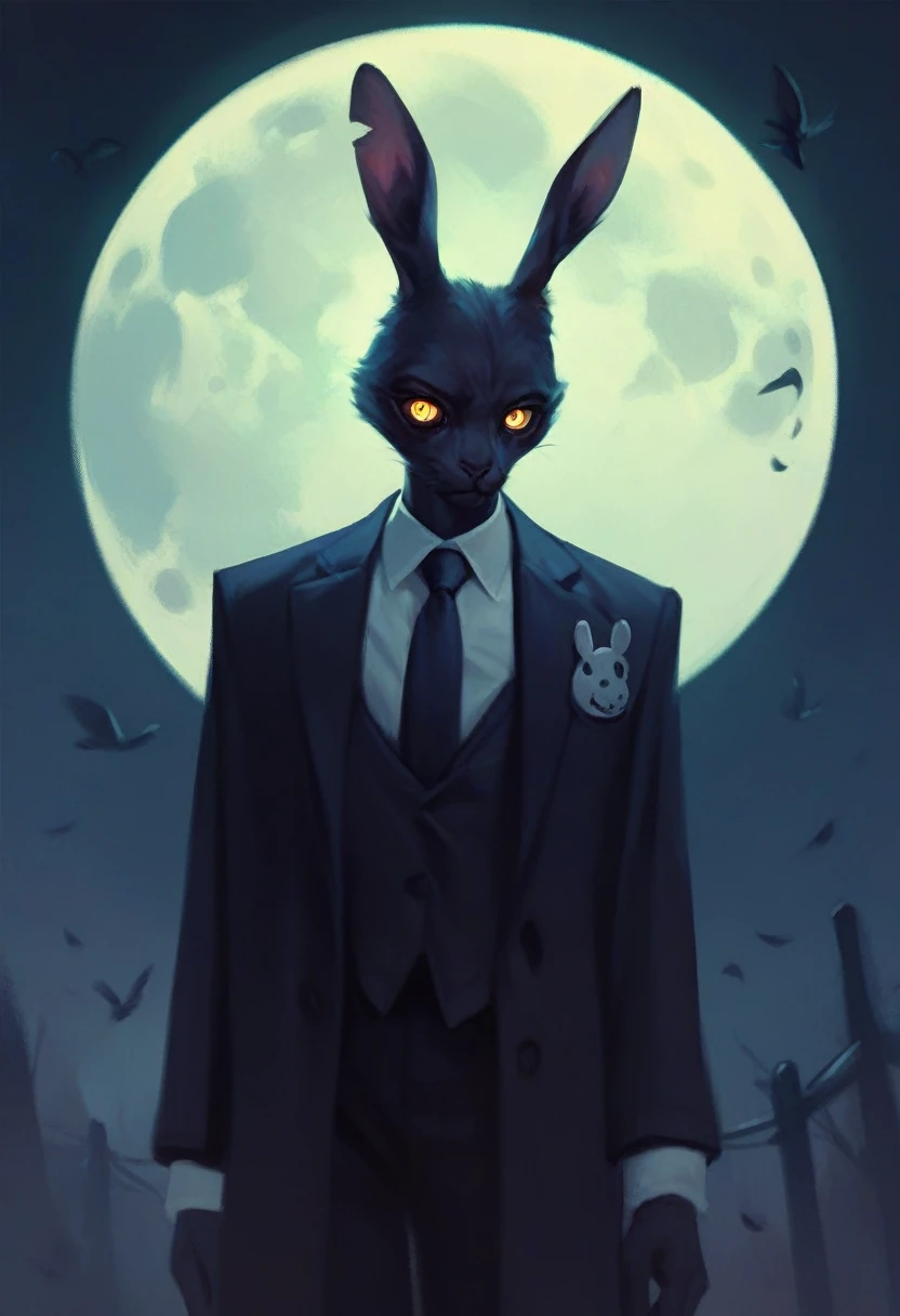 black furry bunny standing under the moonlight wearing a suit and has glowing yellow eyes , dark background, high detail, no light, woods landscape in the middle of the night, mistic, full moon, moonlight, (flat shading:1.2), (minimalist:1.4)
creepy bunny, evil