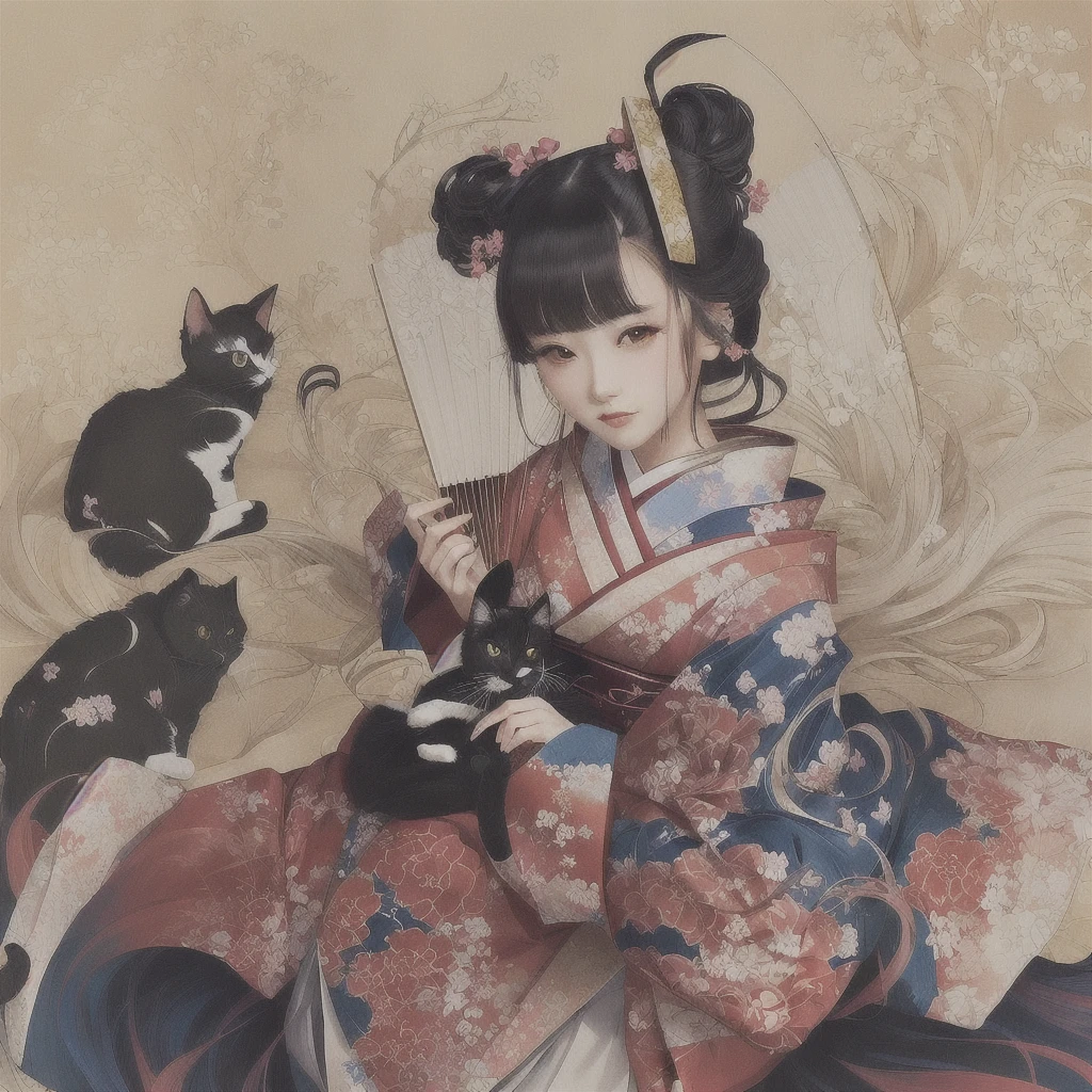 Anime girl in a kimono holding a fan and a cat, artwork in the style of Gwaiz, Gwaiz, Digital art on pixiv, Gwaiz on pixiv artstation, Anime illustration, Zerochan Art, Beautiful artwork illustration, Beautiful anime art, Gwaiz on artstation pixiv, Anime style digital art, Anime fantasy illustration