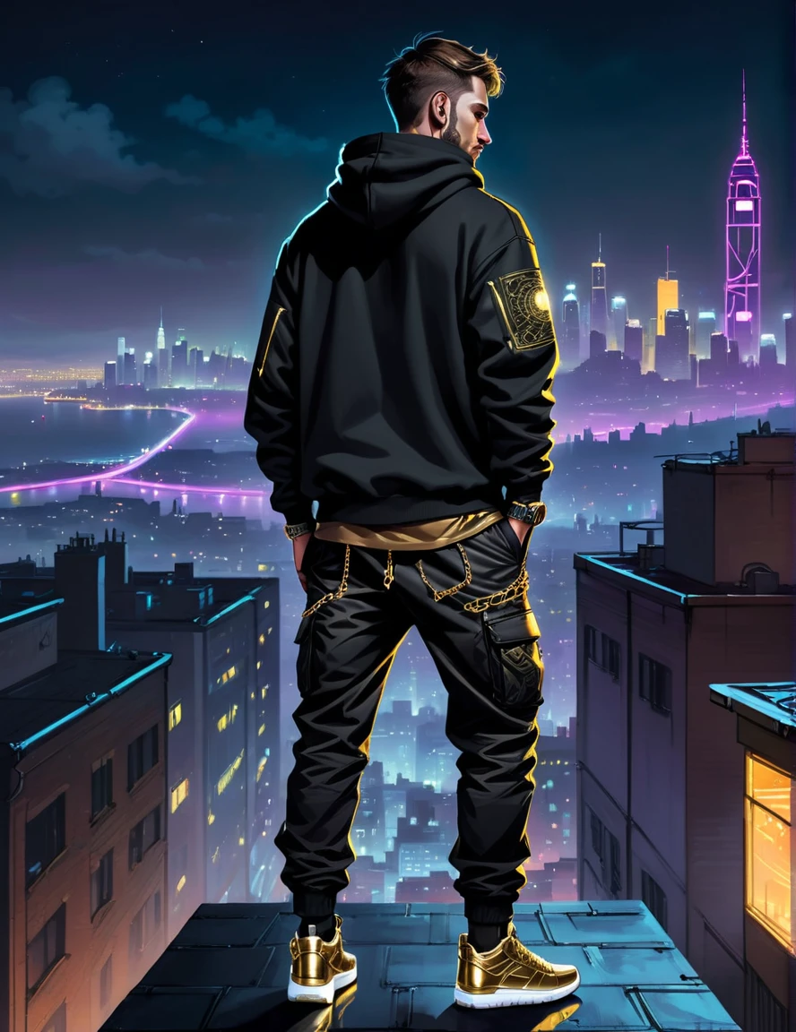 A photorealistic image in ultra-realistic ink art style, showing a stylish man in techwear standing on a rooftop at night. He is wearing a black hoodie, cargo pants, and high-top sneakers, accessorized with a gold chain and luxury watch. The background features a panoramic view of the city skyline with neon lights. The scene is lit with dramatic lighting, creating deep shadows and a sense of mystery.