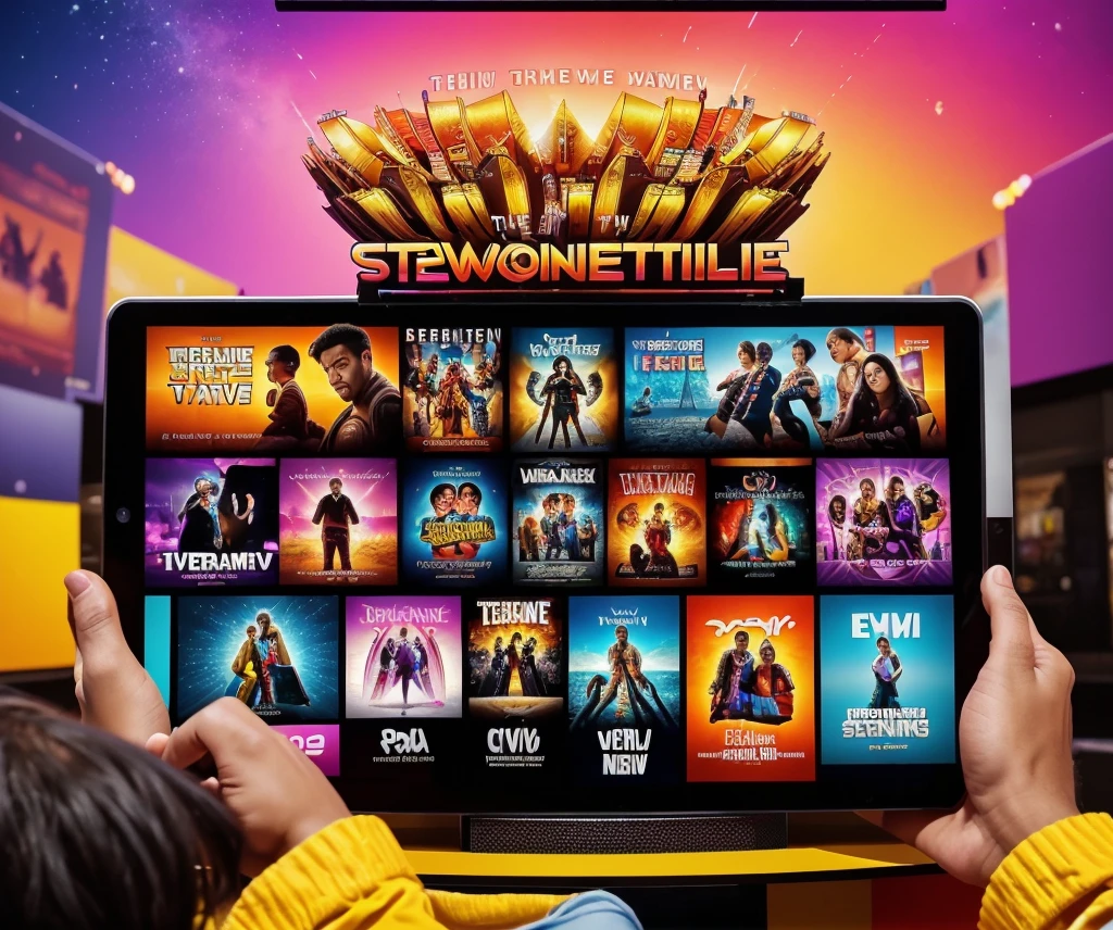 Create a visually striking graphic depicting a diverse group of people enjoying various streaming content on multiple devices (TV, tablet, smartphone). Incorporate vibrant colors and dynamic elements like play buttons, popcorn, and digital icons representing different genres (e.g., drama, comedy, documentaries). Include an overlay text that reads “The New Era of Streaming Entertainment” in a modern, eye-catching font.