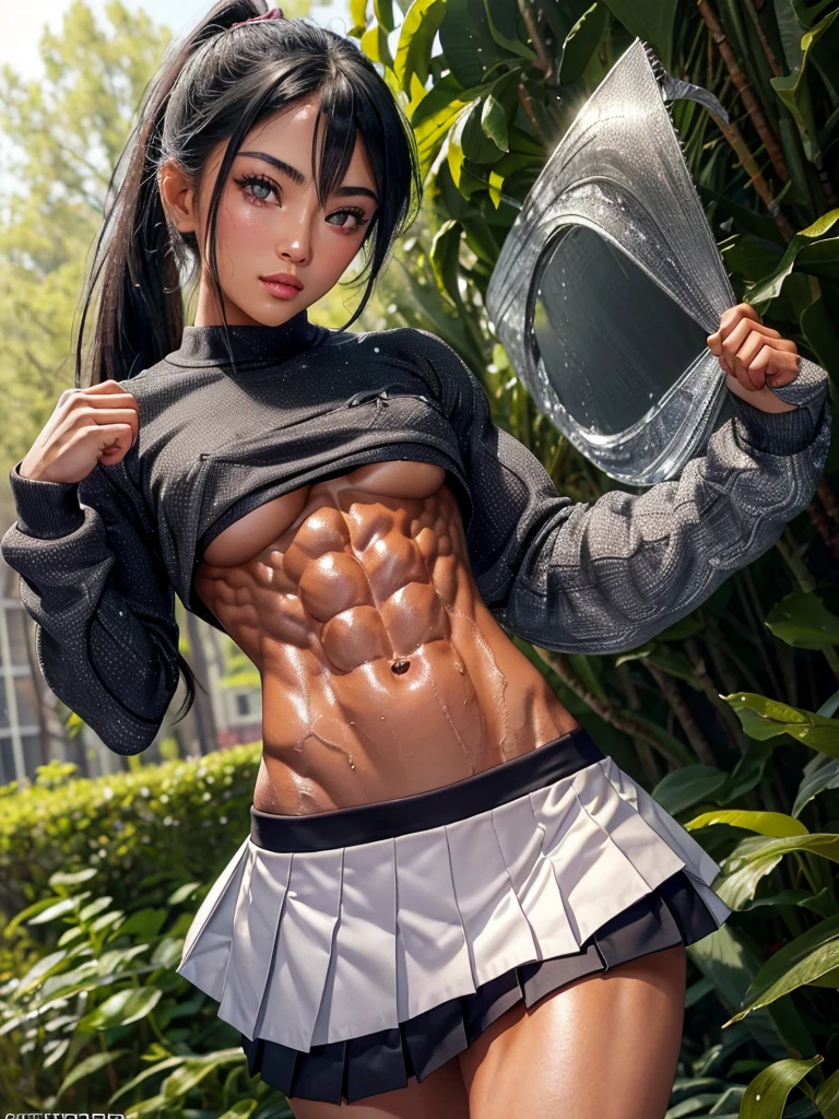 Pretty nerdy Chinese girl, detailed face and eyes, looking at viewer, masterpiece, best quality, shallow depth of field, 8K HDR, huge breasts, 85mm photo, shallow depth of field, tack sharp, (1girl:1.9), 18 years old, , black hair, tanned skin, short ponytail, 4’9” height, (wearing sweat shirt and pleated skirt:1.3), showing abs, chiselled abs, (shredded 8-pack abs:1.7), abs of steel, shredded abdominal muscle, cut lower obliques, washboard abs, (slim body:1.2), gorgeous, standing in the park, wearing make up, (beautiful feminine face:1.8)