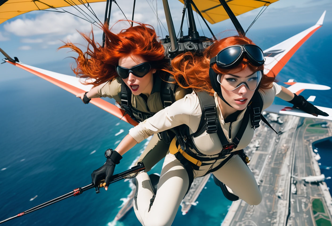 Photo of a redhead woman flying with a hang glider, dark eye protection, flying over an aircraft carrier, guns mounted on glider, flight suit, holding gun. Style by Masamune Shirow. Canon 5d Mark 4, Kodak Ektar, 35mm, raw file