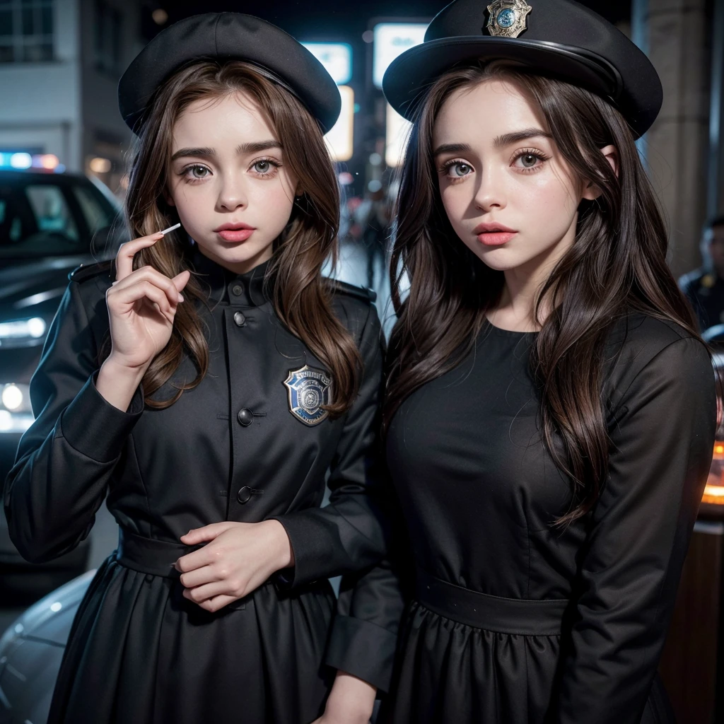 a man of 1.80cm with the appearance of Alejandro Speitzer dressed as a police officer with a cigarette in his hand and the other hand on the waist of a girl of 1.70 cm with the appearance of Sabrina Carpenter with long brown hair, a black dress and with the tongue sticking out, a blue heart-shaped sweet on the tongue 