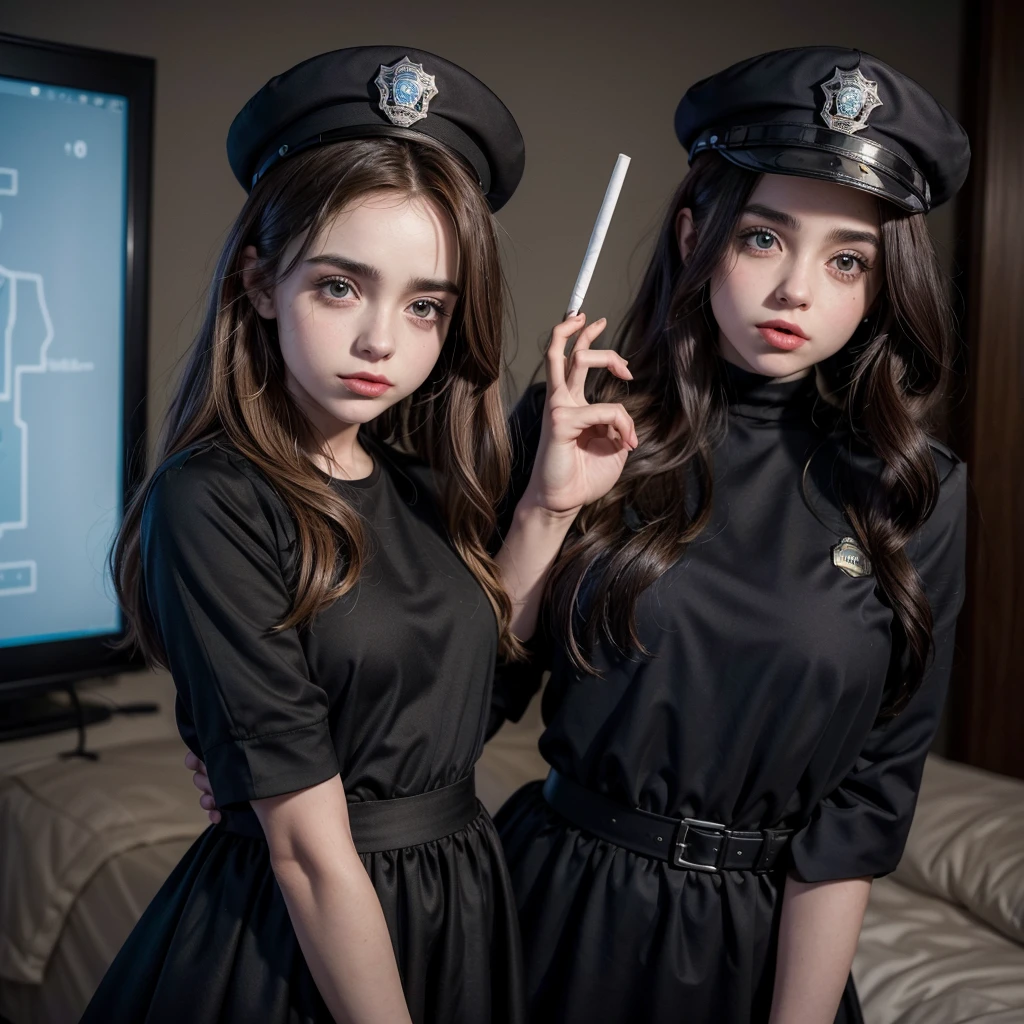 a man of 1.80cm with the appearance of Alejandro Speitzer dressed as a police officer with a cigarette in his hand and the other hand on the waist of a girl of 1.70 cm with the appearance of Sabrina Carpenter with long brown hair, a black dress and with the tongue sticking out, a blue heart-shaped sweet on the tongue