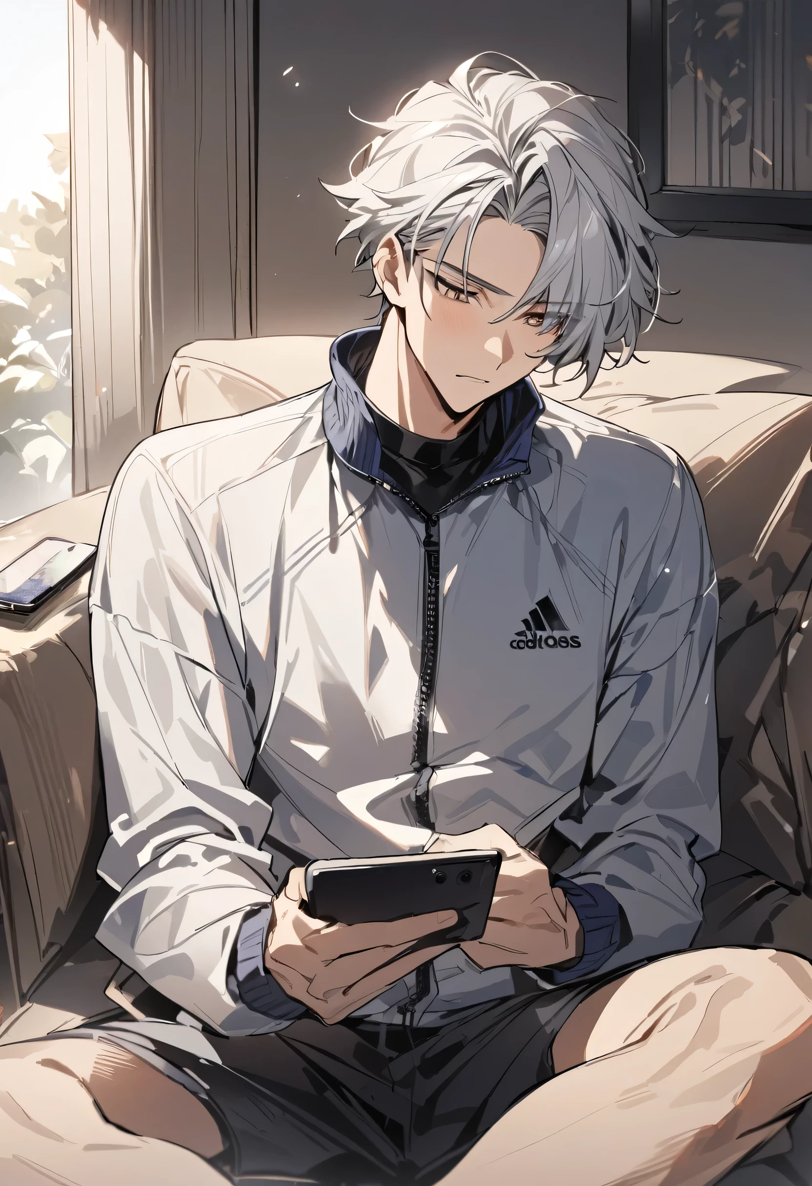 Detailed, masterpiece, 1 boy, anime boy, Athletic young man, very tall around 190cm, with silver hair and brown eyes, sitting and playing on his phone, wearing a tracksuit, relaxed and lazy demeanor, bored and detached expression.