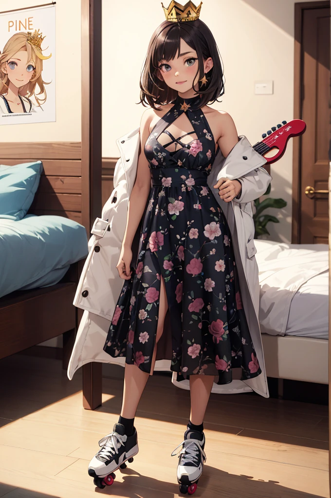 She was the only poster, teenager energetic black eyes, Dressed for an important date,She wears a floral print dress a plastic crown like Cinderella And roller skates lying on the bed.
He looks like a star with a coat like the little prince, black hair and eyes, brunette skin, jeans and sneakers.
With your plastic guitar.