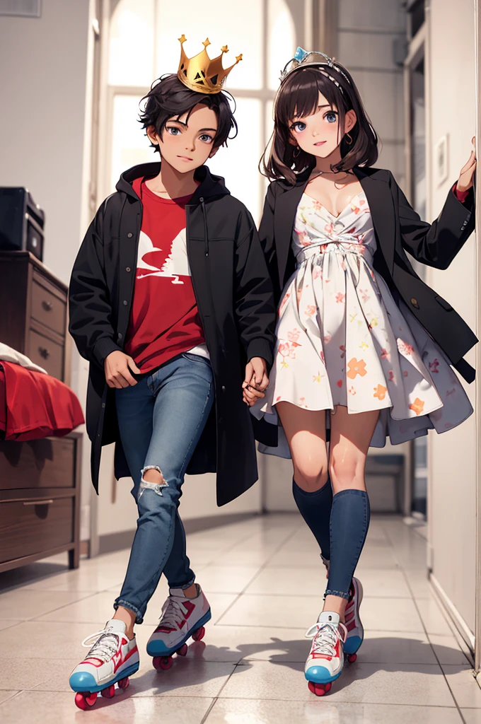 She was the only poster, teenager energetic black eyes, Dressed for an important date,She wears a floral print dress a plastic crown like Cinderella And roller skates lying on the bed.
He looks like a star with a coat like the little prince, black hair and eyes, brunette skin, jeans and sneakers.
With your plastic guitar.