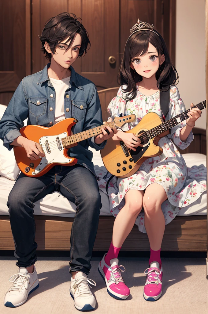She was the only poster, teenager energetic black eyes, Dressed for an important date,She wears a floral print dress a plastic crown like Cinderella And roller skates lying on the bed.
He looks like a star with a coat like the little prince, black hair and eyes, brunette skin, jeans and sneakers.
With your plastic guitar.