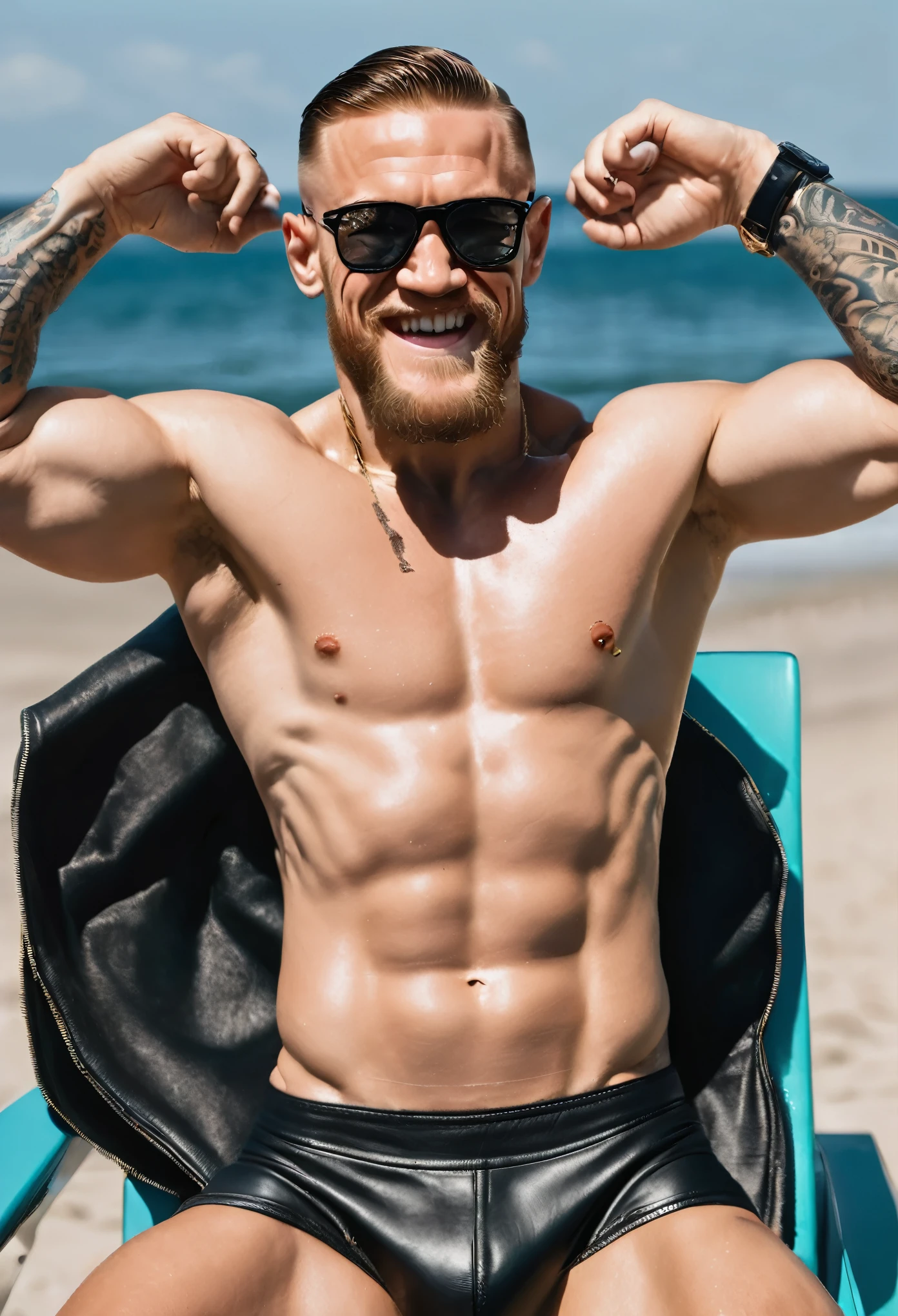 smiling muscle conor mcgregor in shades, in tight black leather speedos, manspread in the bench on hhe beach. hands over head