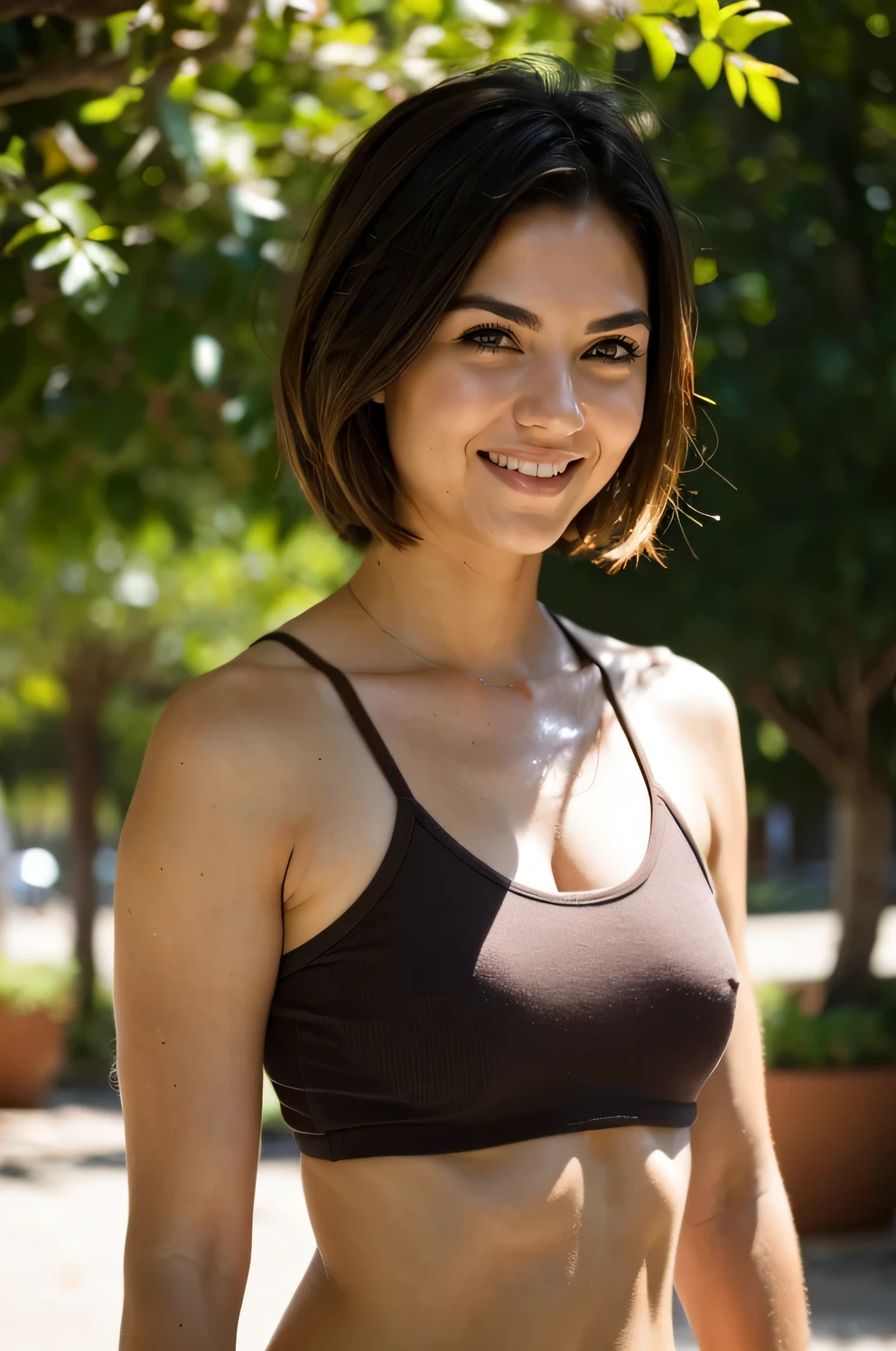 Beautiful woman brown hair brown eyes short hair smiling sunlight hitting her face slender body focus on face peitos grandes