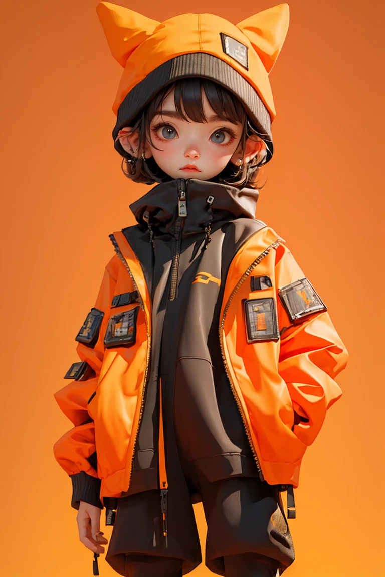 Extraordinary wide portrait of microscopic unknown little small 愛らしい cyberpunk alien species over orange tech style of high tech fashion professional photography, 8k, ブロンドのボウズ,男の子