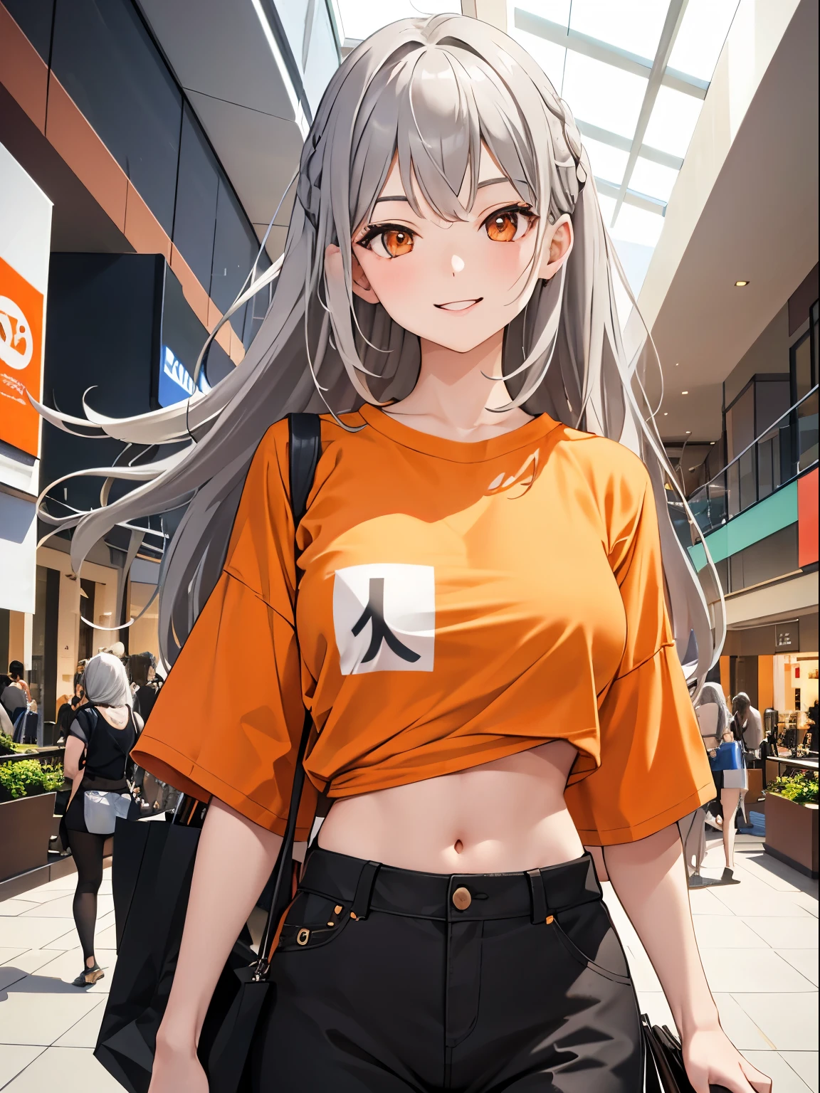 masterpiece, best quality, 1 girl, gray hair, orange eyes, t shirt, midriff, walking, looking around, indoors, (shopping mall), (upper body:1.1), smile