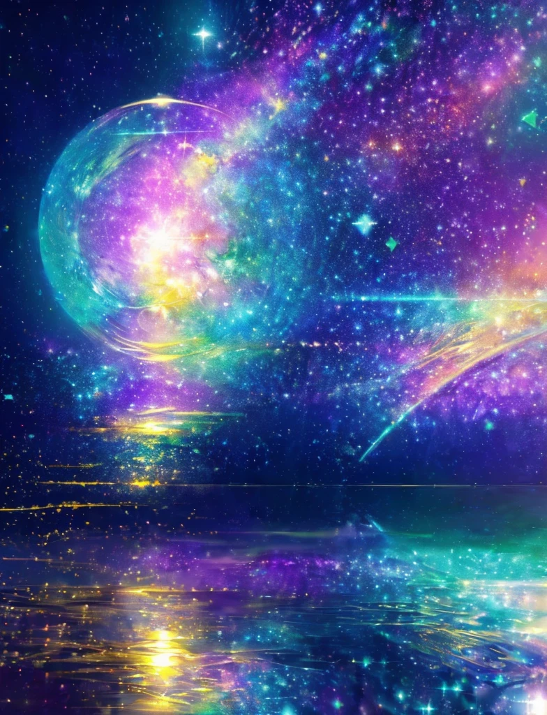 ((The pale yellow moon of a supergiant star))((Subjective depiction of a profile looking up)、On a multicolored background、Iridescent空に星と月が描かれた川の絵、Shining skyscrapers、Shine overall、Concept art inspired by Tosa Mitsuoki、pixiv contest winners、Highest quality、Fantasy art、Beautiful anime scene、Bright Moon、moonlight star environment、Dream painting、Anime Background Art、Fantasy Landscape Painting、Fantasy Knight、Anime Background、Background artwork、wonderful芸術、Atmospheric anime、Starry Sky、Detail enhancement、, Vibrant colors, Rainbow and sunshine shining.16K, Ultra-high resolution, Iridescent、to be born,wonderful ,future、Iridescent、The world 30 years from now。