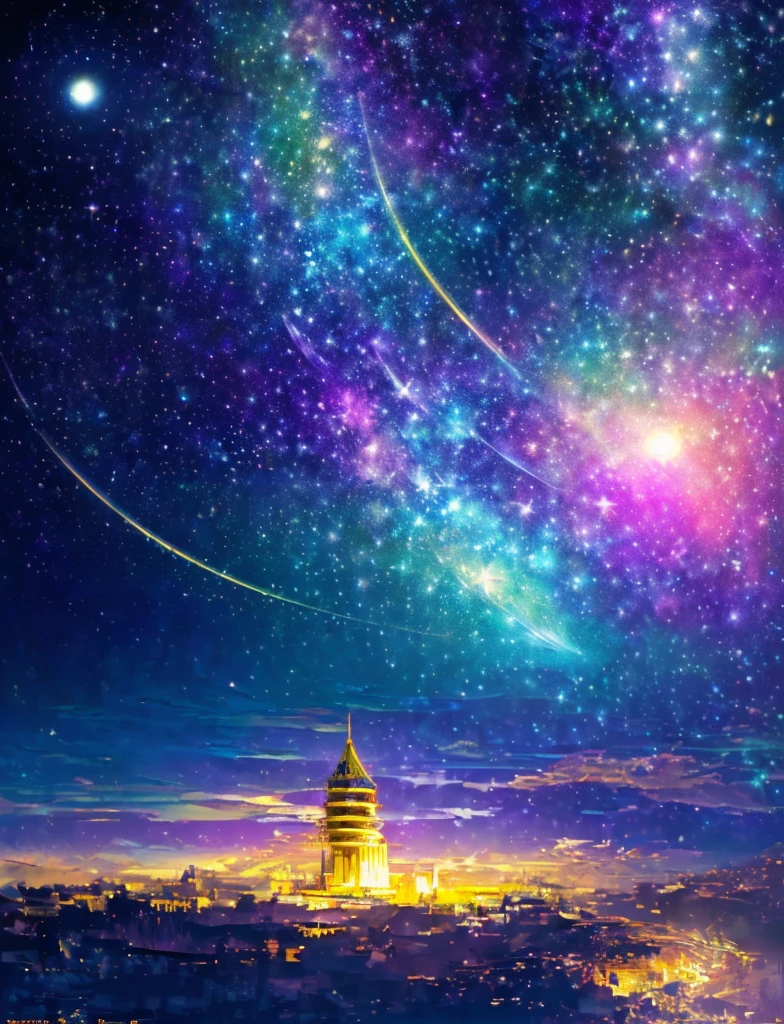 ((The pale yellow moon of a supergiant star))((Subjective depiction of a profile looking up)、On a multicolored background、Iridescent空に星と月が描かれた川の絵、Shining skyscrapers、Shine overall、Concept art inspired by Tosa Mitsuoki、pixiv contest winners、Highest quality、Fantasy art、Beautiful anime scene、Bright Moon、moonlight star environment、Dream painting、Anime Background Art、Fantasy Landscape Painting、Fantasy Knight、Anime Background、Background artwork、wonderful芸術、Atmospheric anime、Starry Sky、Detail enhancement、, Vibrant colors, Rainbow and sunshine shining.16K, Ultra-high resolution, Iridescent、to be born,wonderful ,future、Iridescent、The world 30 years from now。