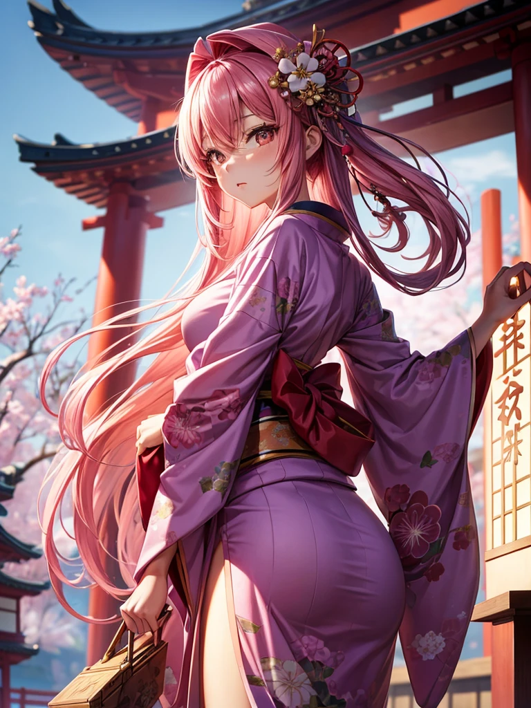 A front-on close-up of a beautiful Japanese-style girl with long hair, pink hair, large eyes, innocent atmosphere, and a slightly sexy outfit that looks like a kimono