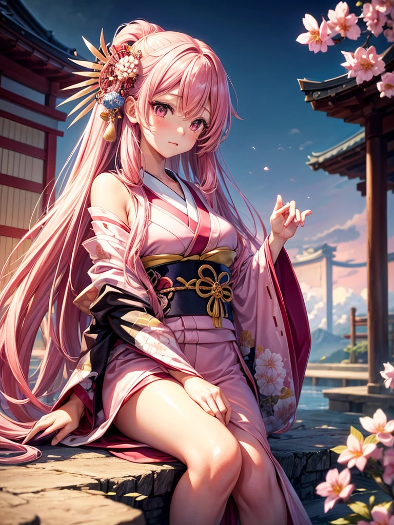 A front-on close-up of a beautiful Japanese-style girl with long hair, pink hair, large eyes, innocent atmosphere, and a slightly sexy outfit that looks like a kimono