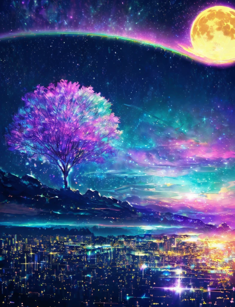 ((The pale yellow moon of a supergiant star))((Subjective depiction of a profile looking up)、On a multicolored background、Iridescent空に星と月が描かれた川の絵、Shining skyscrapers、Shine overall、Concept art inspired by Tosa Mitsuoki、pixiv contest winners、Highest quality、Fantasy art、Beautiful anime scene、Bright Moon、moonlight star environment、Dream painting、Anime Background Art、Fantasy Landscape Painting、Fantasy Knight、Anime Background、Background artwork、wonderful芸術、Atmospheric anime、Starry Sky、Detail enhancement、, Vibrant colors, Rainbow and sunshine shining.16K, Ultra-high resolution, Iridescent、to be born,wonderful ,future、Iridescent、The world 30 years from now。