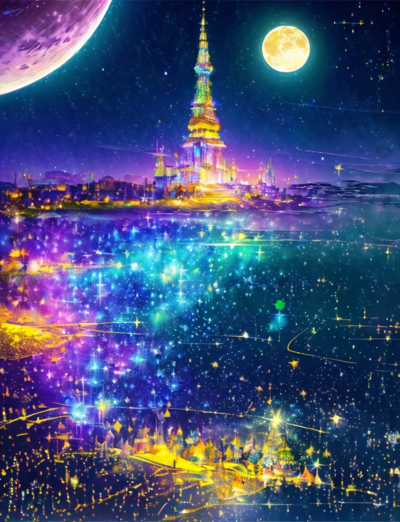 ((The pale yellow moon of a supergiant star))((Subjective depiction of a profile looking up)、On a multicolored background、Iridescent空に星と月が描かれた川の絵、Shining skyscrapers、Shine overall、Concept art inspired by Tosa Mitsuoki、pixiv contest winners、Highest quality、Fantasy art、Beautiful anime scene、Bright Moon、moonlight star environment、Dream painting、Anime Background Art、Fantasy Landscape Painting、Fantasy Knight、Anime Background、Background artwork、wonderful芸術、Atmospheric anime、Starry Sky、Detail enhancement、, Vibrant colors, Rainbow and sunshine shining.16K, Ultra-high resolution, Iridescent、to be born,wonderful ,future、Iridescent、The world 30 years from now。