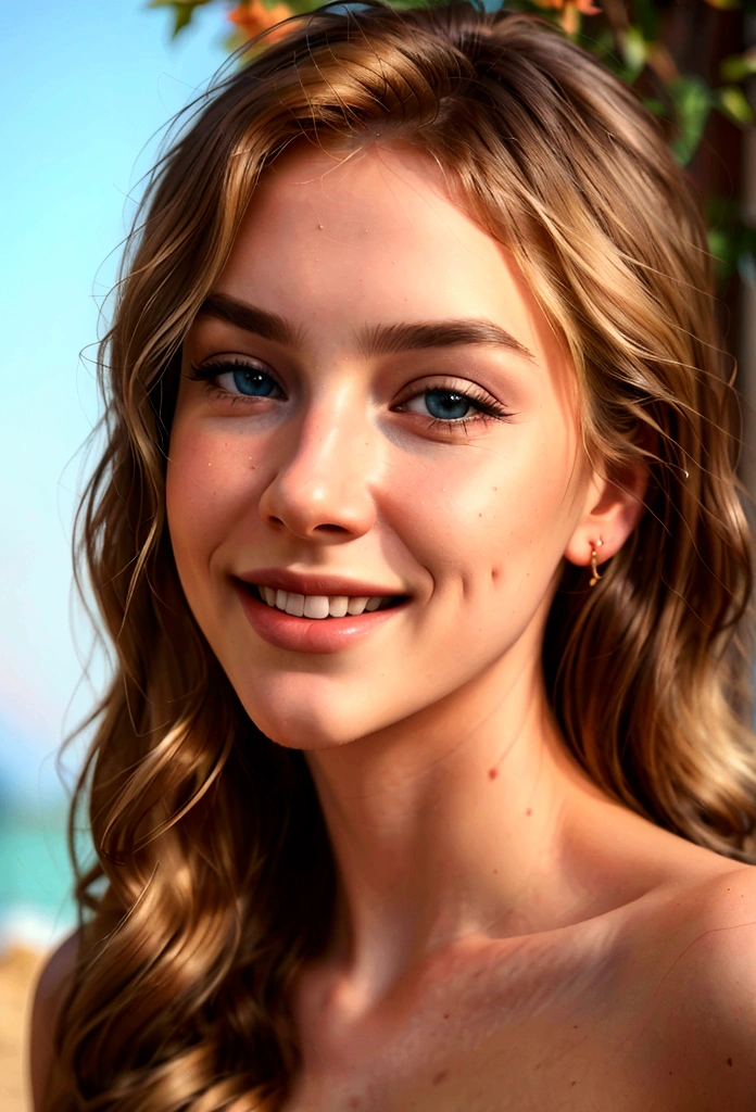 A beautiful young woman with long blonde hair, smiling, sunlight glowing red around her, (best quality,4k,8k,highres,masterpiece:1.2),ultra-detailed,(realistic,photorealistic,photo-realistic:1.37),intricate details, highly detailed, digital painting, concept art, smooth, sharp focus, vivid colors, warm colors, natural lighting, detailed portrait, full body portrait