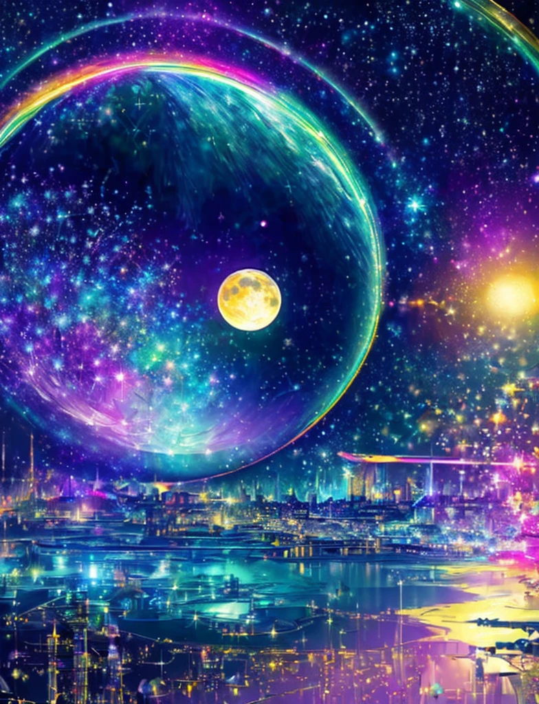 ((The pale yellow moon of a supergiant star))((Subjective depiction of a profile looking up)、On a multicolored background、Iridescent空に星と月が描かれた川の絵、Shining skyscrapers、Shine overall、Concept art inspired by Tosa Mitsuoki、pixiv contest winners、Highest quality、Fantasy art、Beautiful anime scene、Bright Moon、moonlight star environment、Dream painting、Anime Background Art、Fantasy Landscape Painting、Fantasy Knight、Anime Background、Background artwork、wonderful芸術、Atmospheric anime、Starry Sky、Detail enhancement、, Vibrant colors, Rainbow and sunshine shining.16K, Ultra-high resolution, Iridescent、to be born,wonderful ,future、Iridescent、The world 30 years from now。