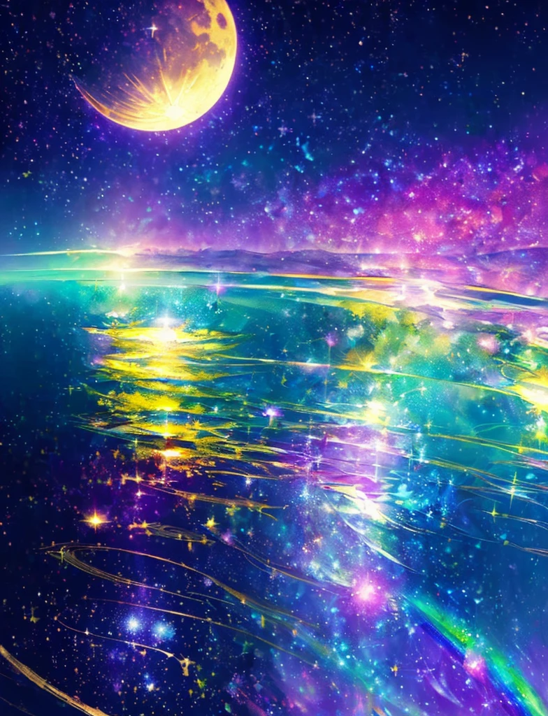 ((The pale yellow moon of a supergiant star))((Subjective depiction of a profile looking up)、On a multicolored background、Iridescent空に星と月が描かれた川の絵、Shining skyscrapers、Shine overall、Concept art inspired by Tosa Mitsuoki、pixiv contest winners、Highest quality、Fantasy art、Beautiful anime scene、Bright Moon、moonlight star environment、Dream painting、Anime Background Art、Fantasy Landscape Painting、Fantasy Knight、Anime Background、Background artwork、wonderful芸術、Atmospheric anime、Starry Sky、Detail enhancement、, Vibrant colors, Rainbow and sunshine shining.16K, Ultra-high resolution, Iridescent、to be born,wonderful ,future、Iridescent、The world 30 years from now。