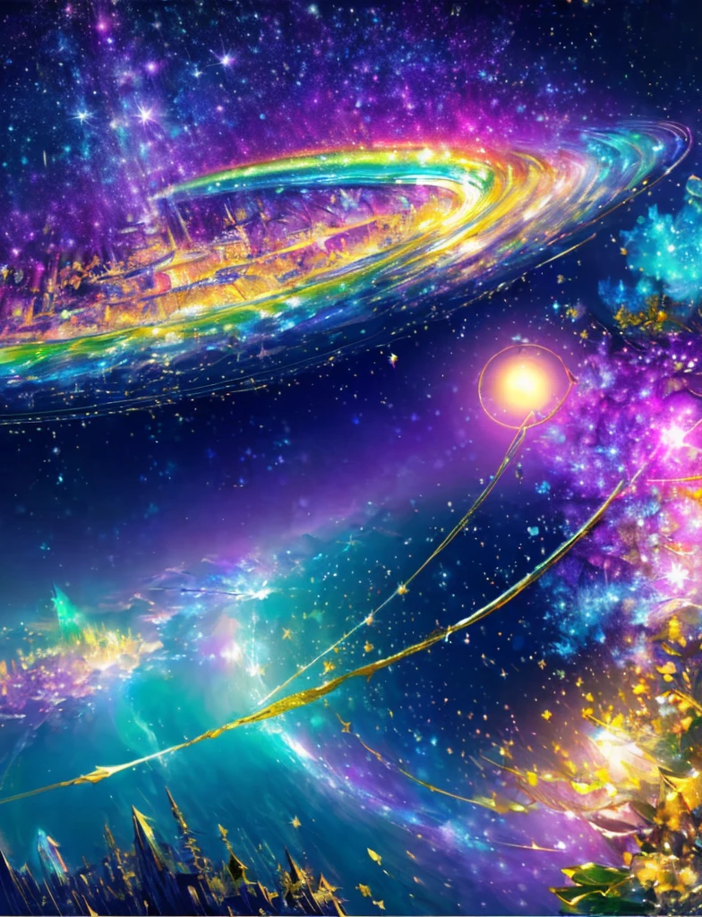 ((The pale yellow moon of a supergiant star))((Subjective depiction of a profile looking up)、On a multicolored background、Iridescent空に星と月が描かれた川の絵、Shining skyscrapers、Shine overall、Concept art inspired by Tosa Mitsuoki、pixiv contest winners、Highest quality、Fantasy art、Beautiful anime scene、Bright Moon、moonlight star environment、Dream painting、Anime Background Art、Fantasy Landscape Painting、Fantasy Knight、Anime Background、Background artwork、wonderful芸術、Atmospheric anime、Starry Sky、Detail enhancement、, Vibrant colors, Rainbow and sunshine shining.16K, Ultra-high resolution, Iridescent、to be born,wonderful ,future、Iridescent、The world 30 years from now。