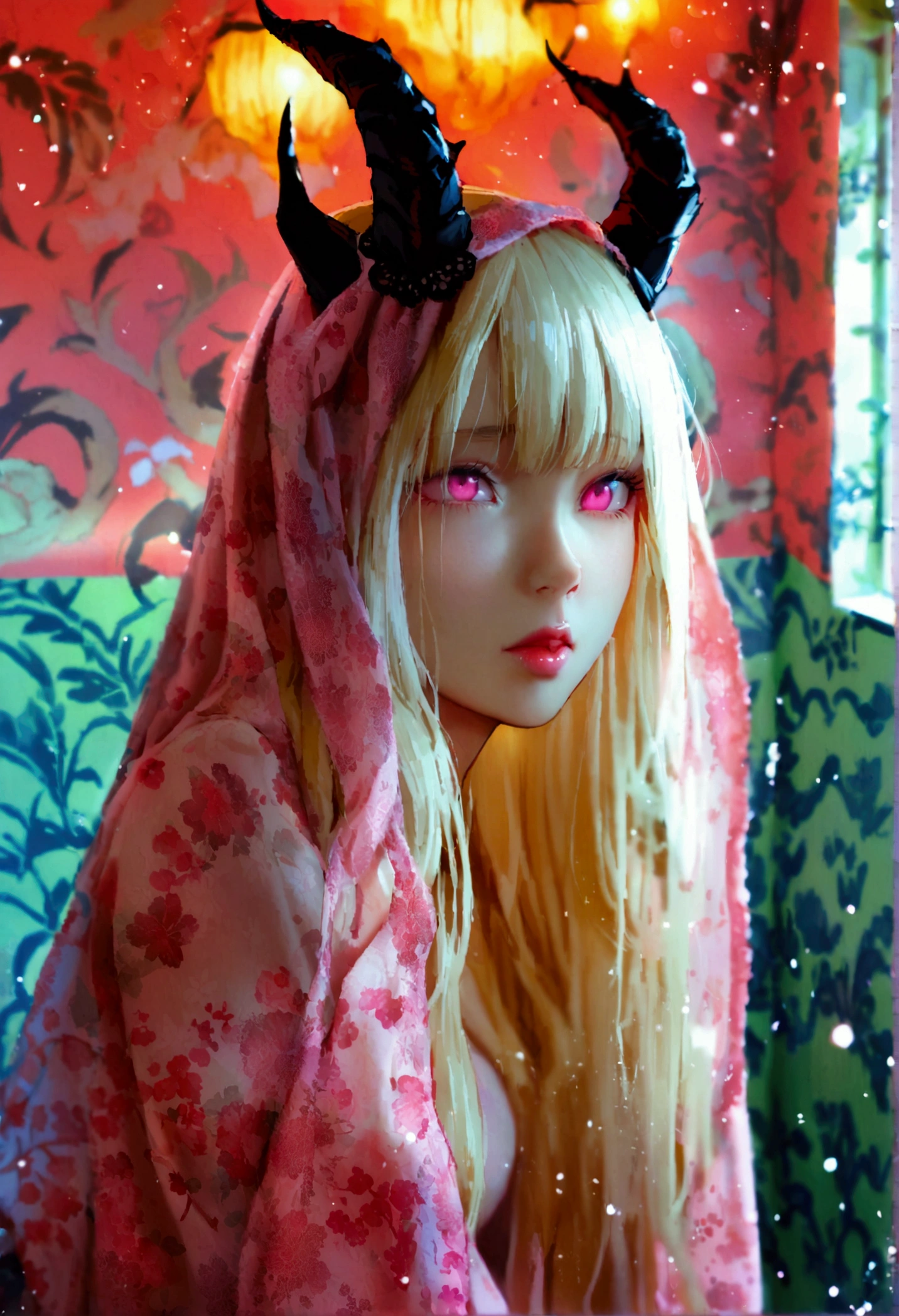 Asian girl with long blonde hair, pink eyes, black horns, vampire wings and covering herself with a cloth leaving the bathroom、Fine and straight hair、beautiful hair