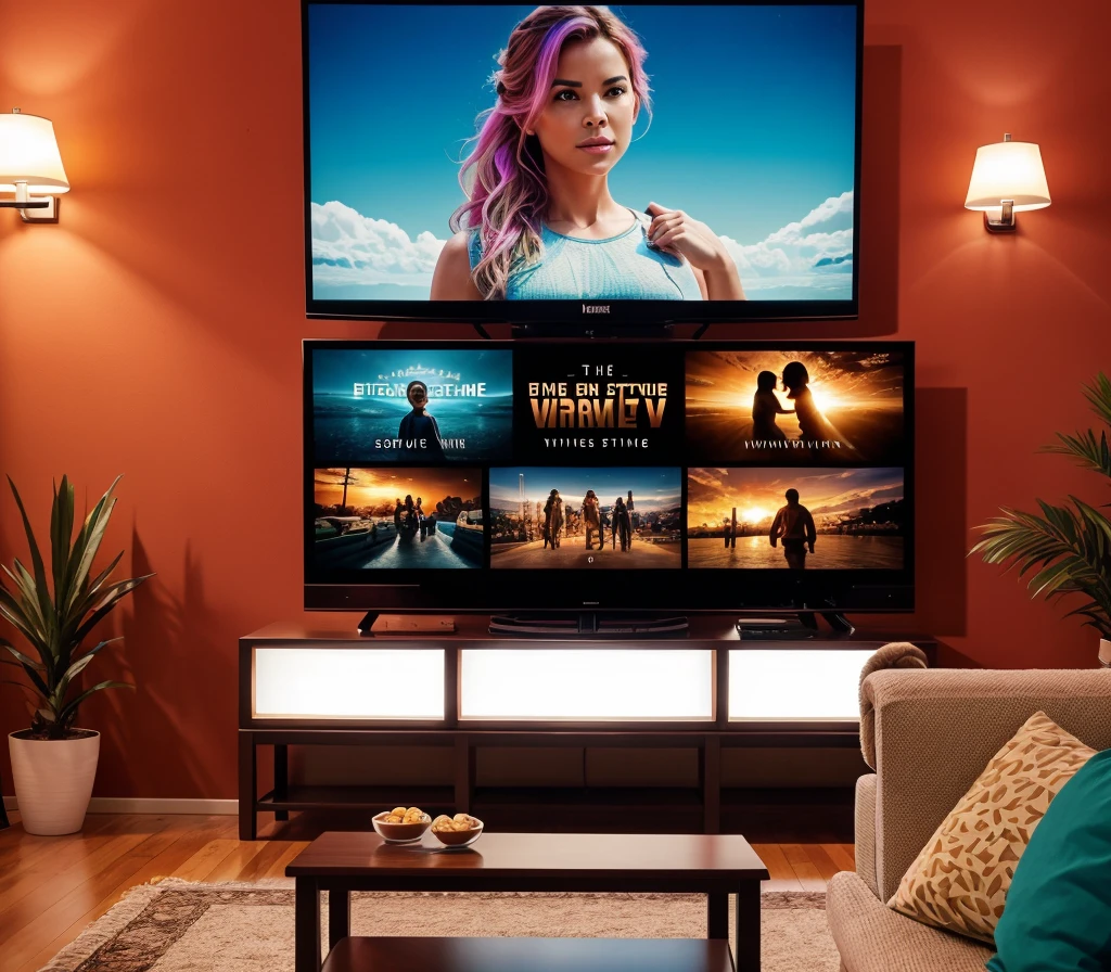 Design a captivating scene showcasing a cozy living room filled with a diverse group of friends watching a movie on a large TV. Surround them with streaming devices (tablet, smartphone, laptop) displaying various genres like action, romance, and documentaries. Include vibrant colors and playful elements like popcorn, drinks, and streaming service logos. Add overlay text that says “The New Era of Streaming Entertainment” in a bold, modern font.