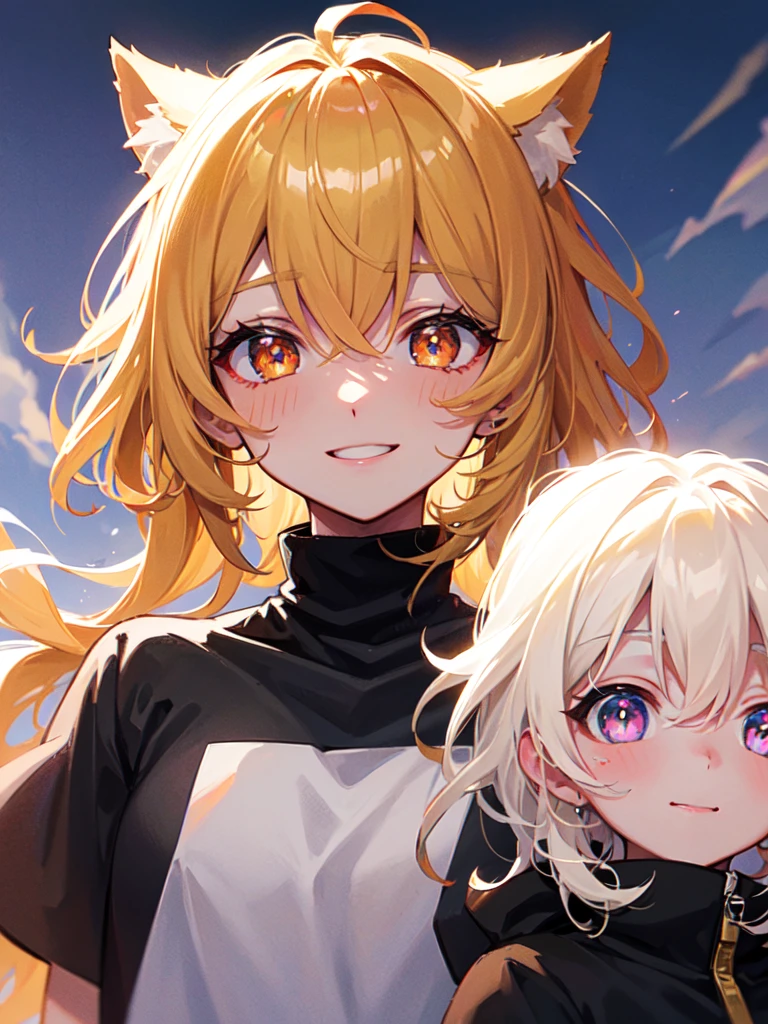 hair over shoulder, wavy hair, hair strand, shiny hair, blonde hair, eye reflection, glowing eyes, slit pupils, amber eyes, cat ears, smile, blush, glint, happy, anime, anime style, En plein air, high detail, cinematic lighting, ray tracing, reflection light, masterpiece, accurate, anatomically correct, super detail, high details, high quality, best quality, highres, 4K