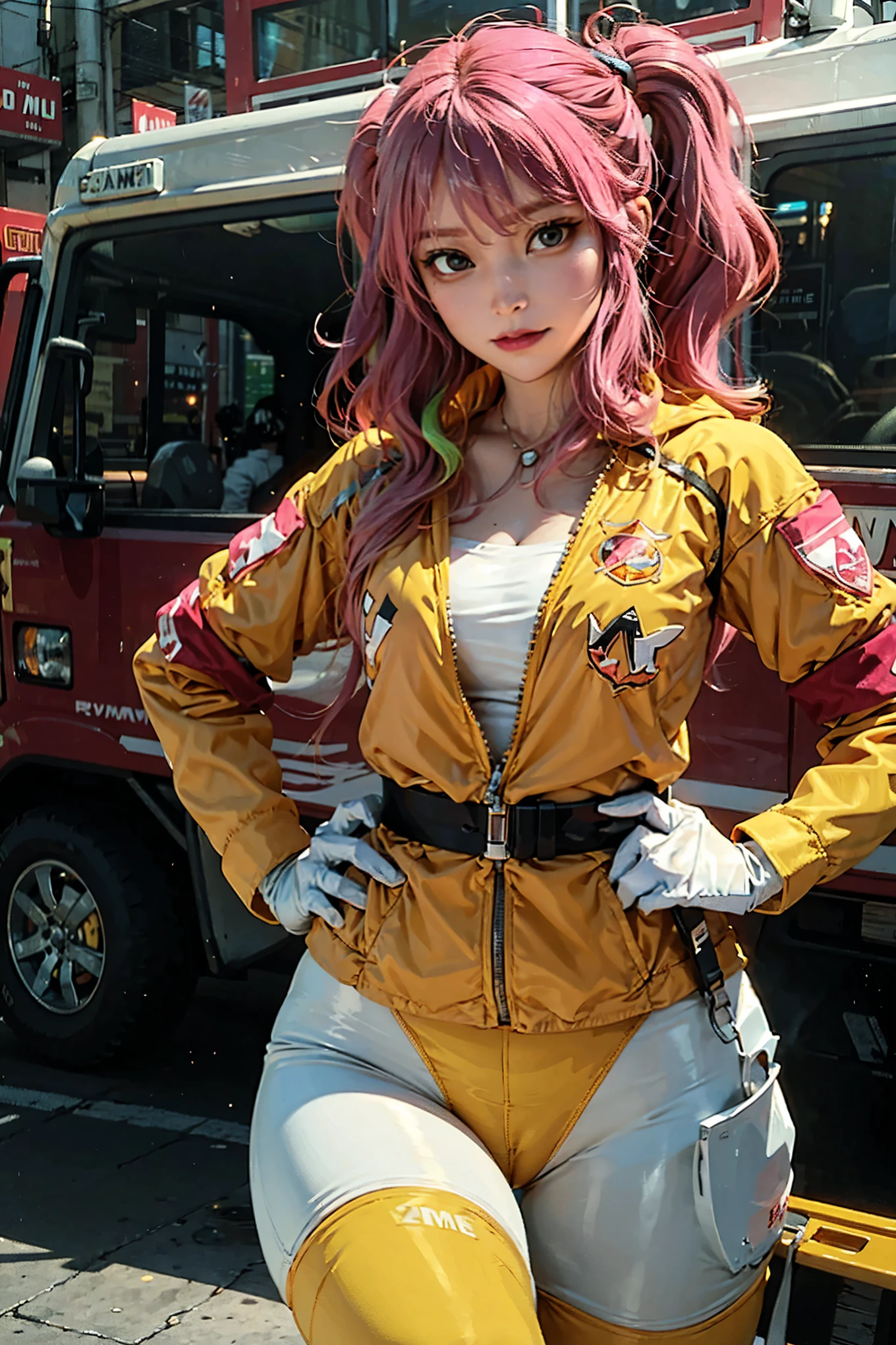 A brave and courageous image of a 6 member ranger team, Each one is decorated in vibrant colors such as:: Neon Pink, Sunset Orange, Fire engine red, plasma violet, Fluorescent Green, shocking yellow. Dynamic poses in a background that exudes energy and courage, Embodying the essence of the classic Sentai superhero team. Each Ranger:: The attire is sophisticated and modern, Each color has elements that reflect its theme., Ready for action. ((Camel Toe))