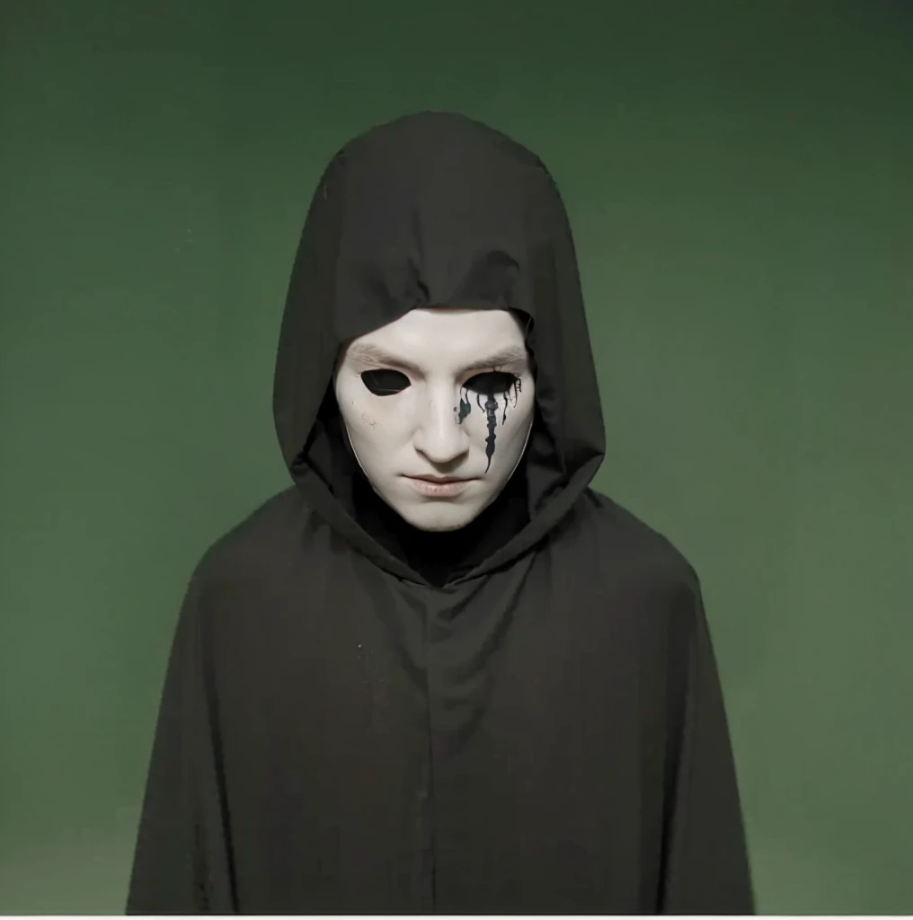 a medieval man wearing a black cloak, mask, medieval clothing, detailed mask , dramatic lighting, cinematic, dark fantasy, moody atmosphere, chiaroscuro , white mask , black blood under the eye