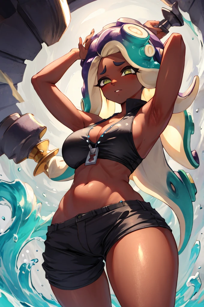 8K, high resolution, NSFW, from below, (gigantic breasts), (Dark skin), huge pelves, inner flesh, splatoon, strong eyes, arms behind head, armpit, looking down