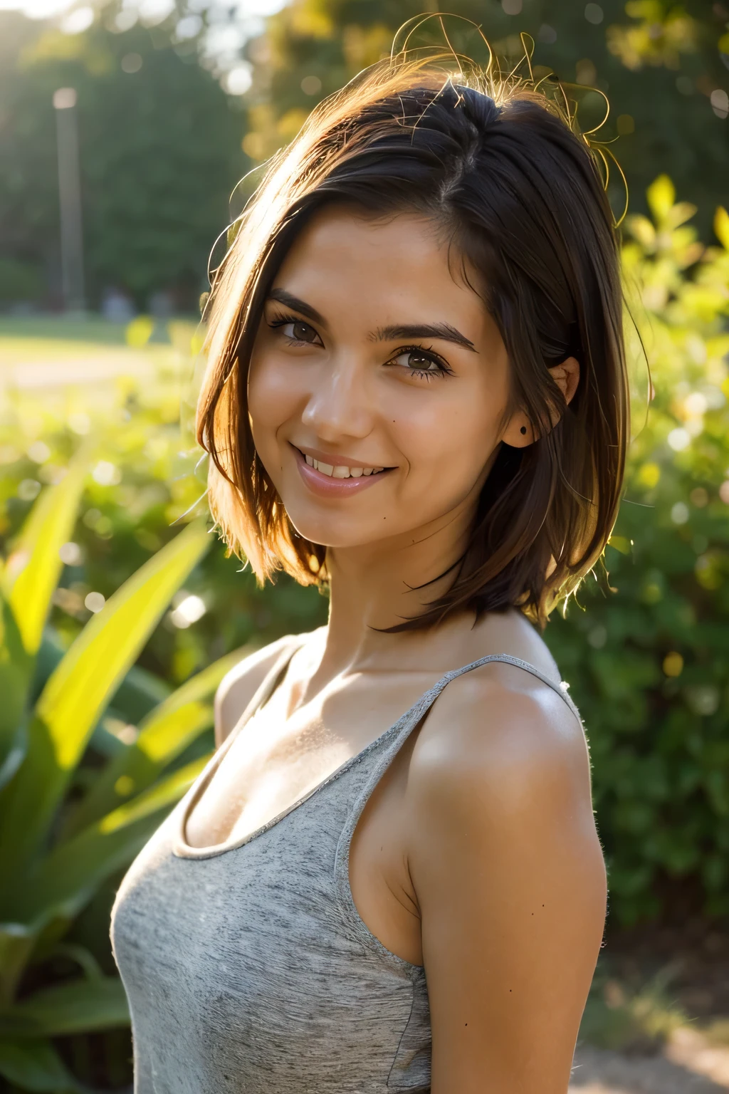 Beautiful woman brown hair brown eyes short hair smiling sunlight hitting her face slender body focus on face