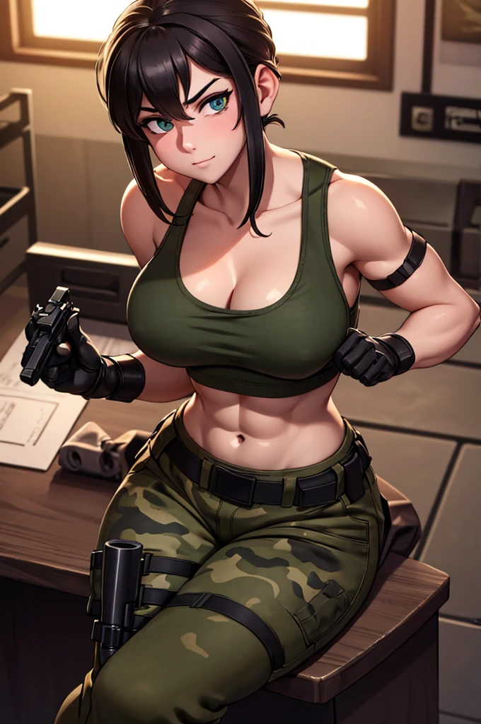 a military woman, well trained body, black sleeveless t-shirt, Exposed collarbone, green pants with camouflage, two leather belts with gun pockets, dark brown hair, carving, Brown eyes, kitchen, angle from above, looking at the viewer, soft and nervous smile, slight blush on the cheeks, big breasts, big hip, soft skin, relaxed expression, eyes emitting lust, Romantic atmosphere. Fully detailed, sitting on a marble counter.