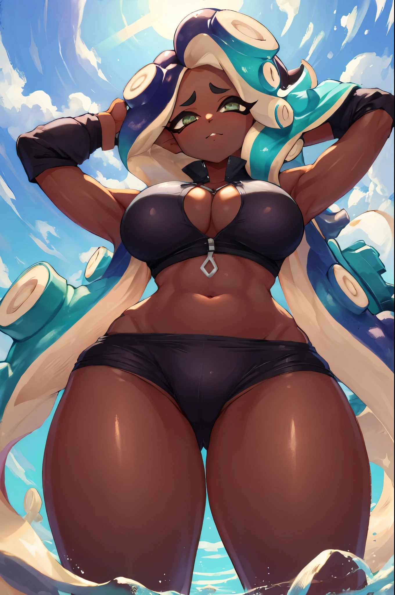 8K, high resolution, NSFW, from below, (gigantic breasts), (Dark skin), huge pelves, inner flesh, splatoon, strong eyes, arms behind head, armpit,