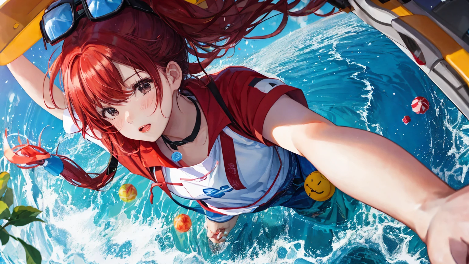 It&#39;s a night of fireworks, with many fireworks filling the night sky.、A shot of a woman sleeping in the back seat of a car.、The woman is wearing a cute red yukata with a floral pattern.、The woman has long, dark blue hair.、The woman looks very embarrassed and her cheeks are bright red.。