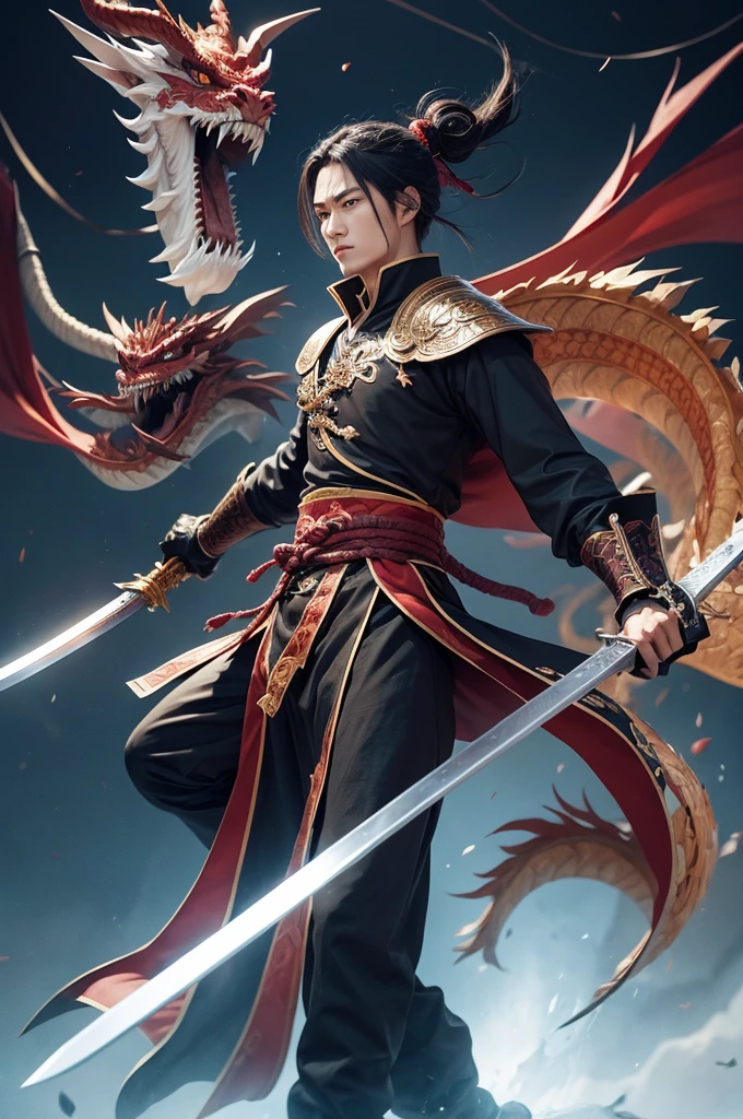 Swordsman man with 2 swords with a Chinese dragon behind amime style
