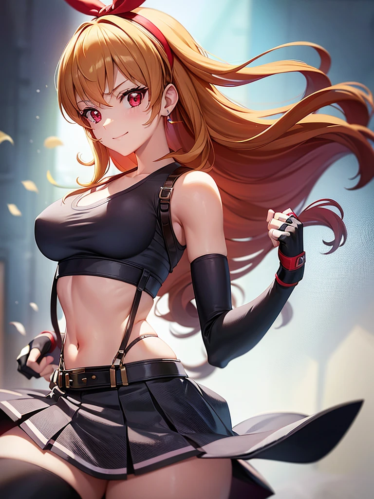 a sexy women with short white hair posing for a painting with fists up,1girl,gloves,long hair,skirt,jewelry,_breasts,solo,crop top,earrings,navel,fingerless gloves,suspenders,smile,tifa lockhart,looking at viewer,midriff,collarbone,thighhighs,(_large_breasts),simple background,bare shoulders,white background,cleavage,stomach,black hot Pants,low-tied long hair,taut clothes,suspender skirt,red gloves,closed mouth,blonde hair,belt,hot Pants,armpits,zettai ryouiki,bangs,(red ribbon on hairband:1.2),Ichigo Hoshimiya (Aikatsu!),tifa ff7