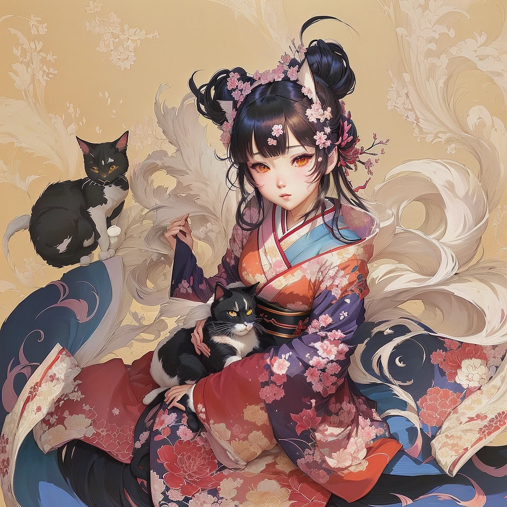 Anime girl in a kimono holding a fan and a cat, artwork in the style of Gwaiz, Gwaiz, Digital art on pixiv, Gwaiz on pixiv artstation, Anime illustration, Zerochan Art, Beautiful artwork illustration, Beautiful anime art, Gwaiz on artstation pixiv, Anime style digital art, Anime fantasy illustration