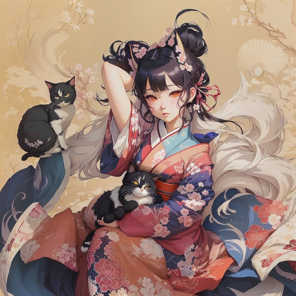 Anime girl in a kimono holding a fan and a cat, artwork in the style of Gwaiz, Gwaiz, Digital art on pixiv, Gwaiz on pixiv artstation, Anime illustration, Zerochan Art, Beautiful artwork illustration, Beautiful anime art, Gwaiz on artstation pixiv, Anime style digital art, Anime fantasy illustration