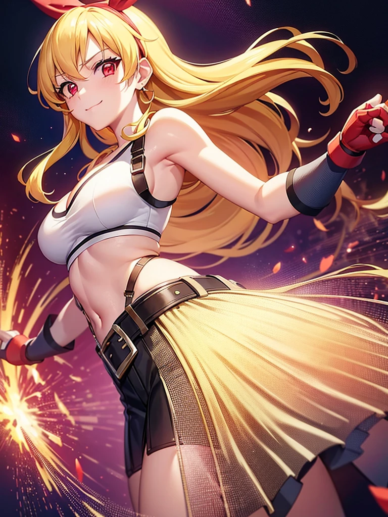 a sexy women with short white hair posing for a painting with fists up,1girl,gloves,long hair,skirt,jewelry,_breasts,solo,crop top,earrings,navel,fingerless gloves,suspenders,smile,tifa lockhart,looking at viewer,midriff,collarbone,thighhighs,(_large_breasts),simple background,bare shoulders,white background,cleavage,stomach,black hot Pants,low-tied long hair,taut clothes,suspender skirt,red gloves,closed mouth,blonde hair,belt,hot Pants,armpits,zettai ryouiki,bangs,(red ribbon on hairband:1.2),Ichigo Hoshimiya (Aikatsu!),tifa ff7