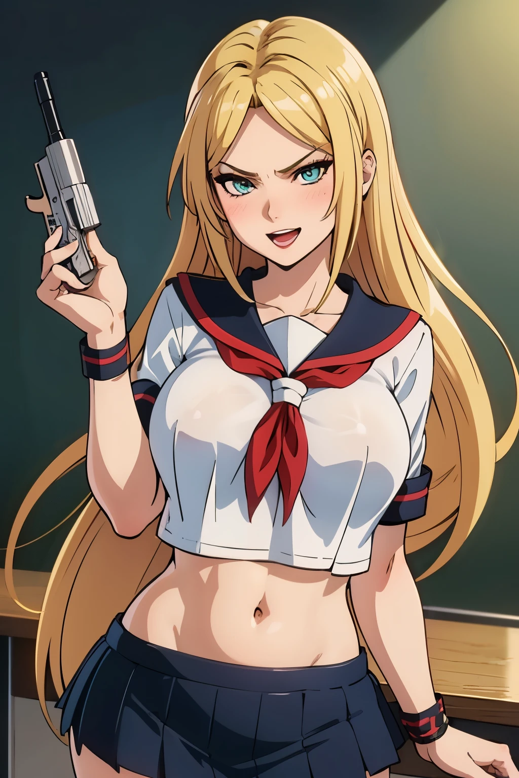 helena, long hair, mature female, makeup, eyelashes, blush, lipstick, Hot girl, baddie, staring, glaring, bad attitude, mean girl, dare, angry, hate, crazy, smoking, sensual, attractive, masterpiece, best quality, highly detailed, a anime girls in sailor uniforms with a gun posing for a picture,
evil smile, smile, open mouth,black_serafuku, ecchi anime style, anime girls , 
ecchi style, ecchi, shipgirls, digital anime art!!, high school girls, holding a gun, hold a gun, anime style 4
k, micro skirt, exposed belly, exposed navel, exposed midriff,
exposed lower belly,school, classroom,