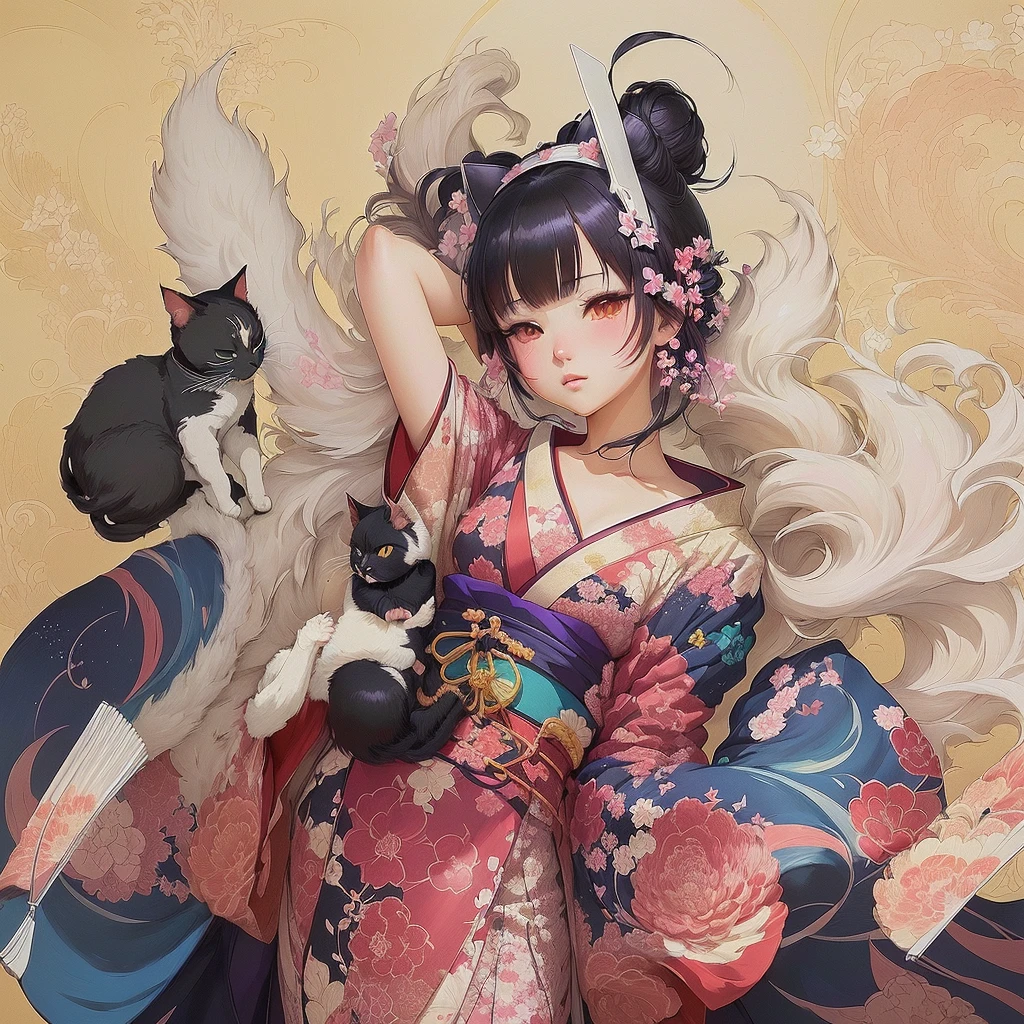 Anime girl in a kimono holding a fan and a cat, artwork in the style of Gwaiz, Gwaiz, Digital art on pixiv, Gwaiz on pixiv artstation, Anime illustration, Zerochan Art, Beautiful artwork illustration, Beautiful anime art, Gwaiz on artstation pixiv, Anime style digital art, Anime fantasy illustration