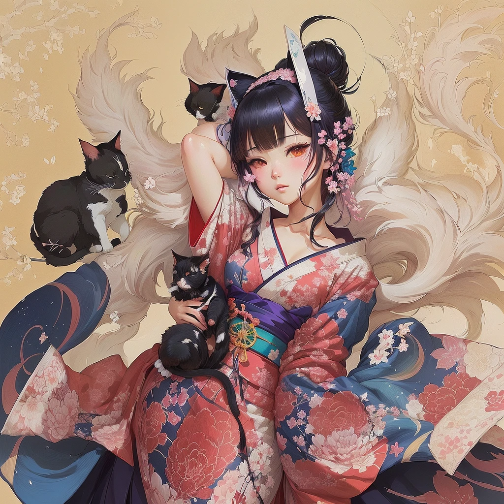 Anime girl in a kimono holding a fan and a cat, artwork in the style of Gwaiz, Gwaiz, Digital art on pixiv, Gwaiz on pixiv artstation, Anime illustration, Zerochan Art, Beautiful artwork illustration, Beautiful anime art, Gwaiz on artstation pixiv, Anime style digital art, Anime fantasy illustration