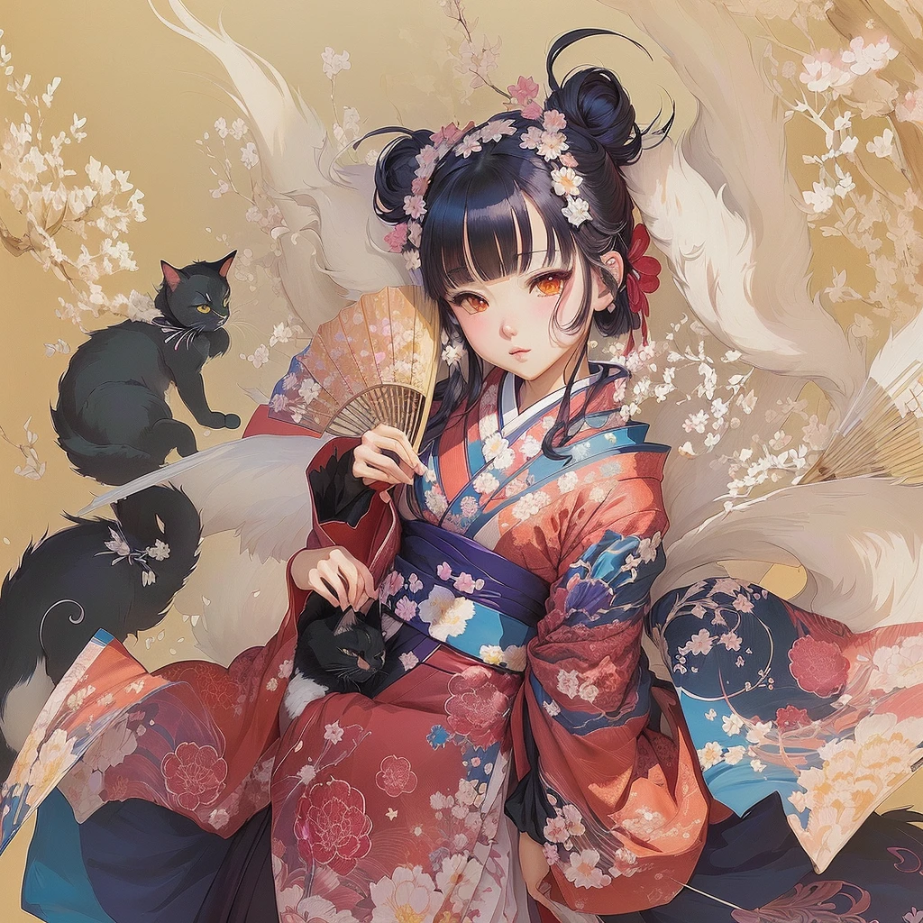Anime girl in a kimono holding a fan and a cat, artwork in the style of Gwaiz, Gwaiz, Digital art on pixiv, Gwaiz on pixiv artstation, Anime illustration, Zerochan Art, Beautiful artwork illustration, Beautiful anime art, Gwaiz on artstation pixiv, Anime style digital art, Anime fantasy illustration