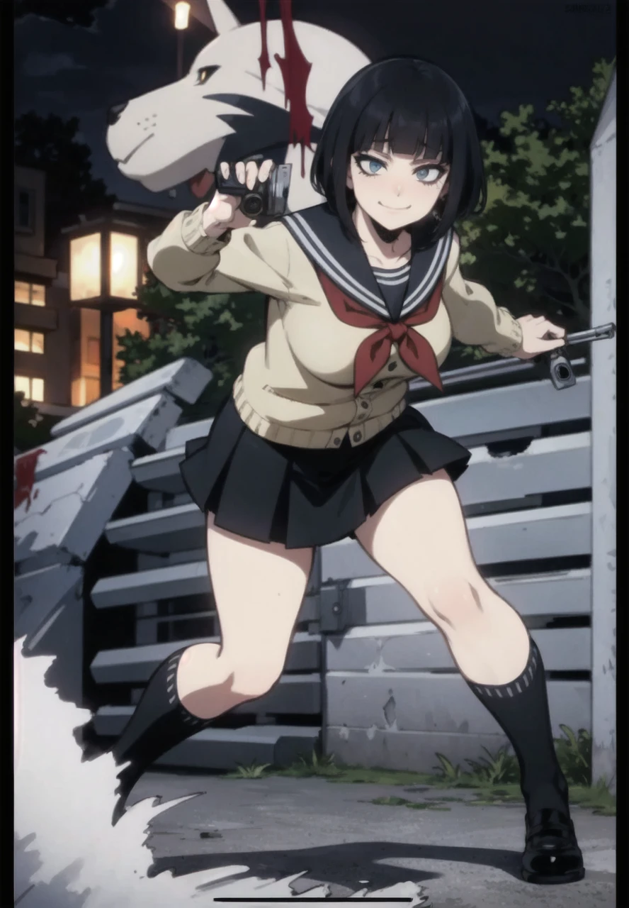 dark art, horror, thick outlines, comics, photorealistic, perfect hands, masterpiece:1.2, ruined city at night, 1 girl, sarashi bandage rap, neckerchief, big breast, detailed background, detailed face, detailed eyes,