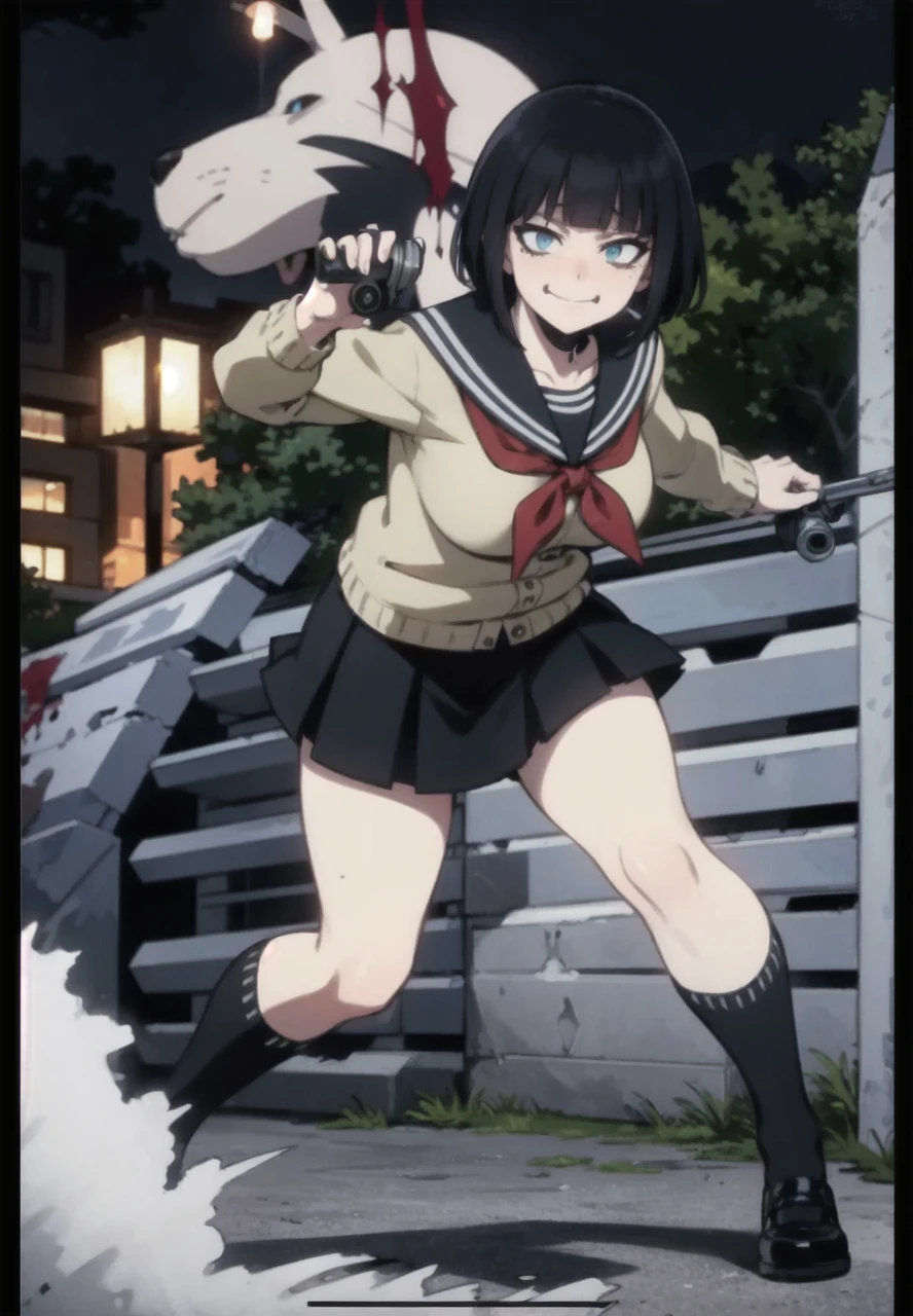 dark art, horror, thick outlines, comics, photorealistic, perfect hands, masterpiece:1.2, ruined city at night, 1 girl, sarashi bandage rap, neckerchief, big breast, detailed background, detailed face, detailed eyes,