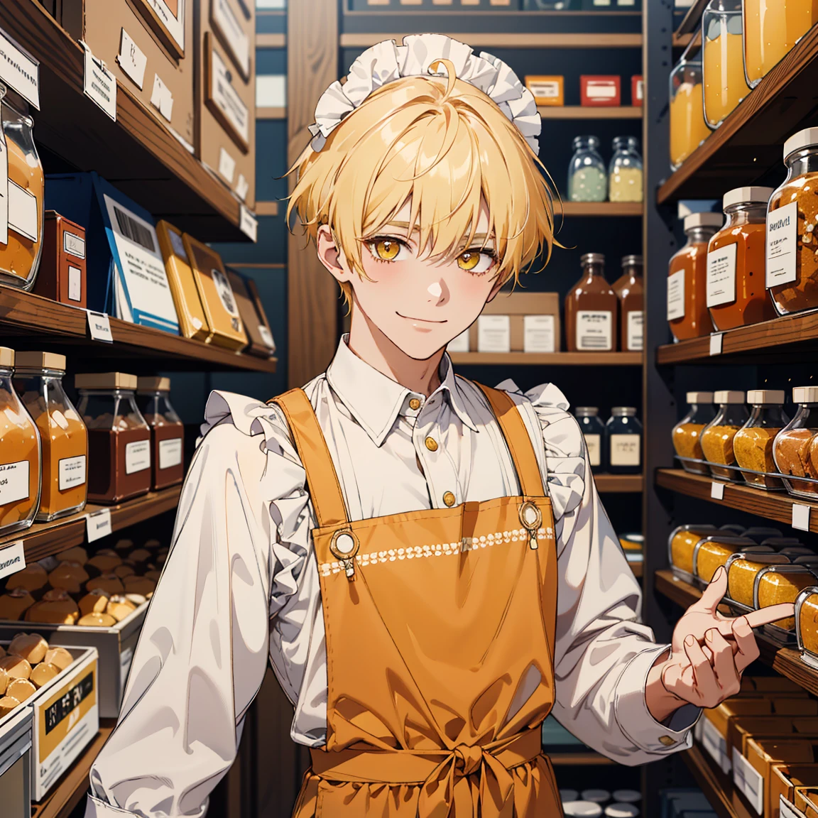 (absurdres, high res, ultrasharp, 8K, masterpiece) 1 male, cute, short slender guy, small frame, shorter yellow hair, orange eyes, finely detailed eyes, looking at viewer, solo, detailed background, detailed face, (stores, shelves, honey jars), blushing, smiling, holding a honey jar, yellow frilly apron, white shirt, shorts, close-up, shop setting